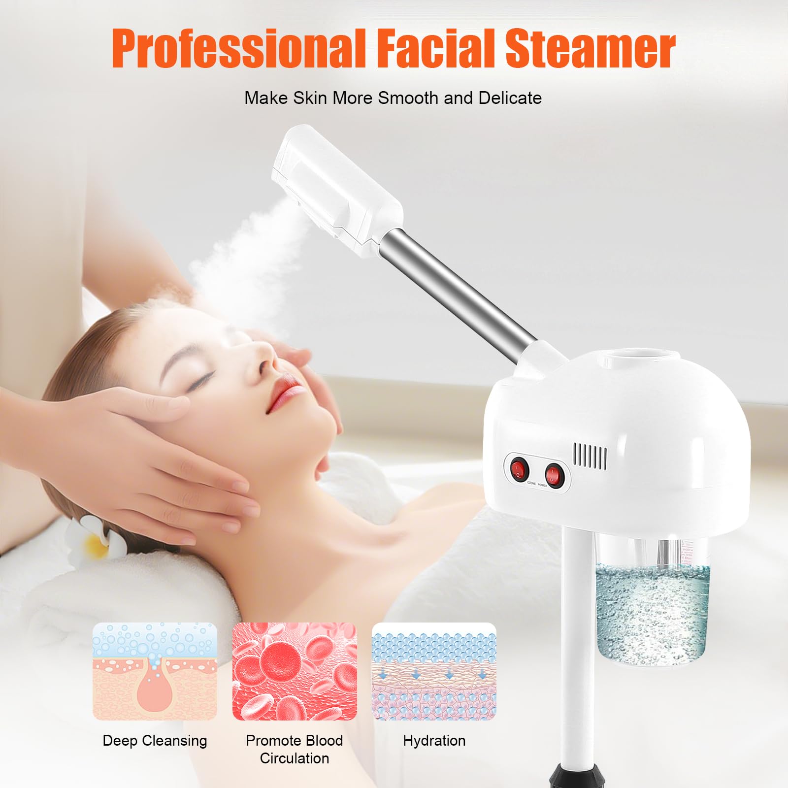 Light Gray Facial Steamer, Professional Ozone Face Steamer Hot Ozone Beauty Salon Spa Skin Care Equipment 360° Rotatable for Personal Care Use at Home and Salon