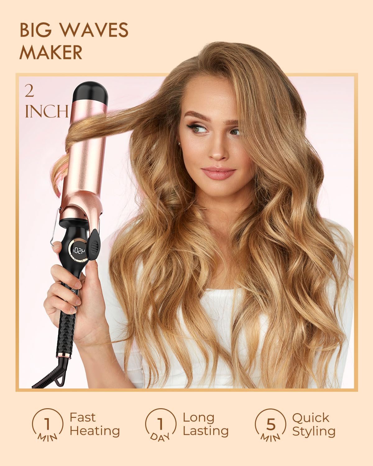 Bisque Large Curling Iron 2 Inch, Ceramic Long Barrel Hair Curling Wand, Hair Styling Tool, Dual Voltage, LCD Display, Black