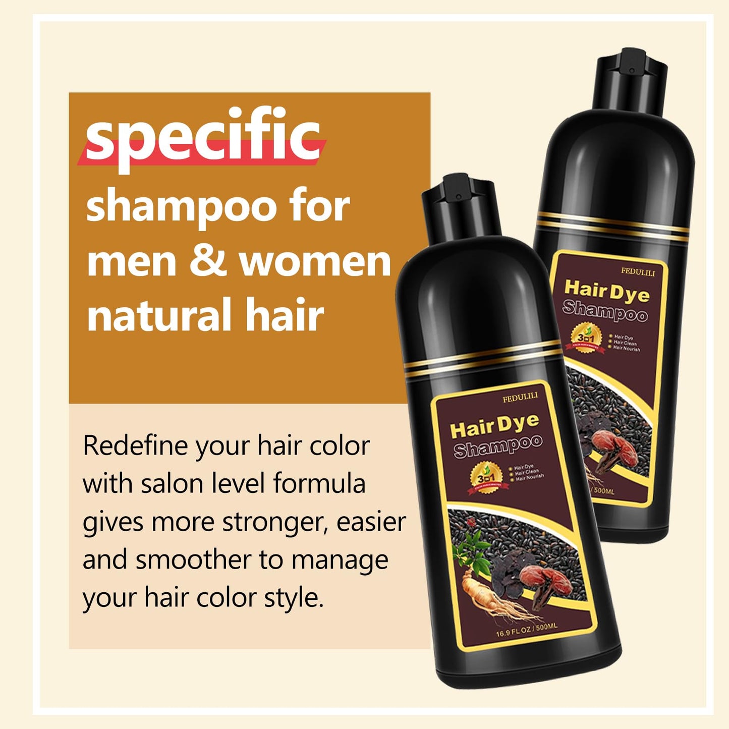 Seashell Instant Black Hair Dye Shampoo, Natural 3-in-1 for Gray Coverage in 10-15 mins, Long-Lasting Color Effect for Women and Men, 16.9 Fl Oz (Black)