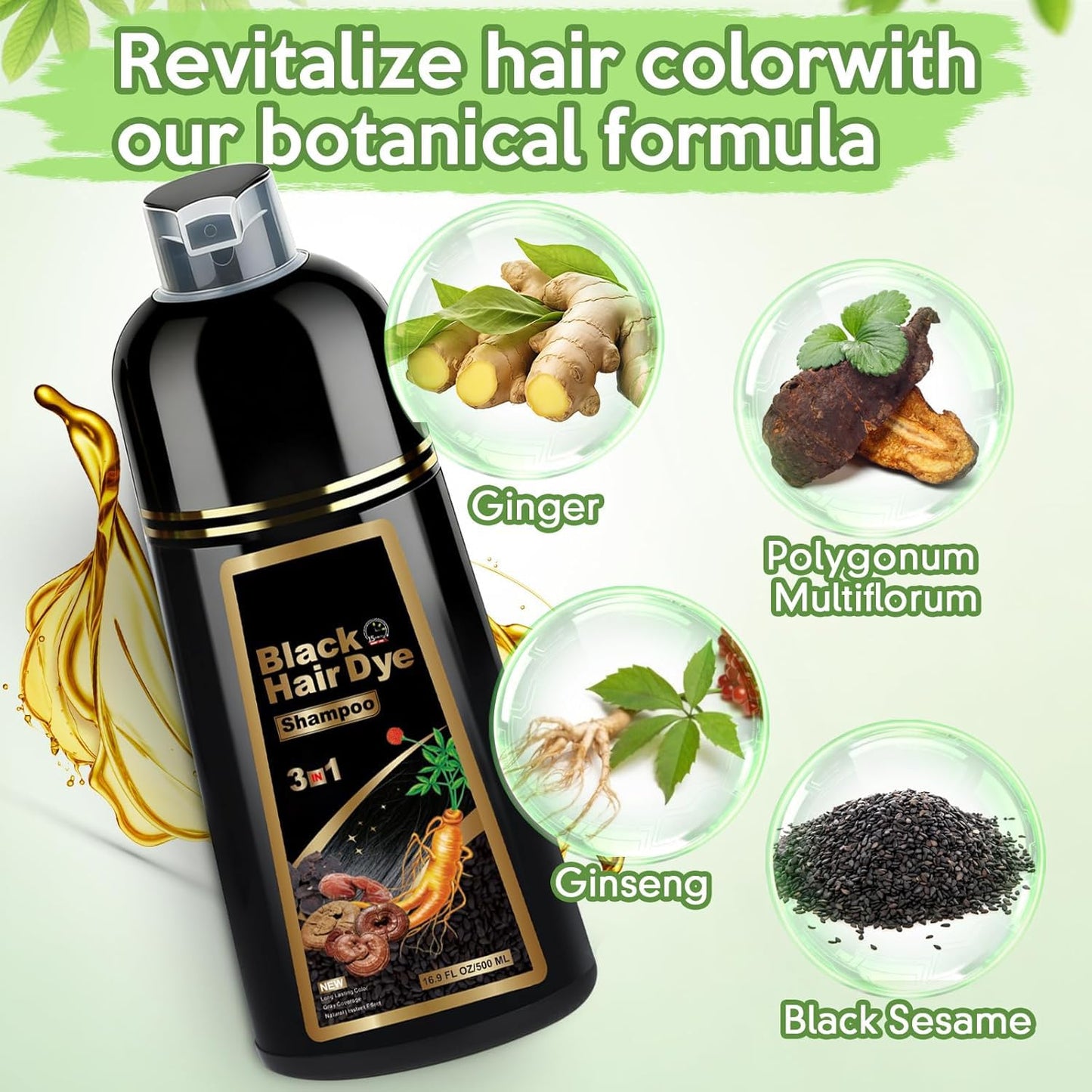 Honeydew GDRFNP Black Hair Dye Shampoo 3 in 1, Herbal Shampoo Hair Dye for Women Men, Grey Coverage Shampoo 16.9fl oz