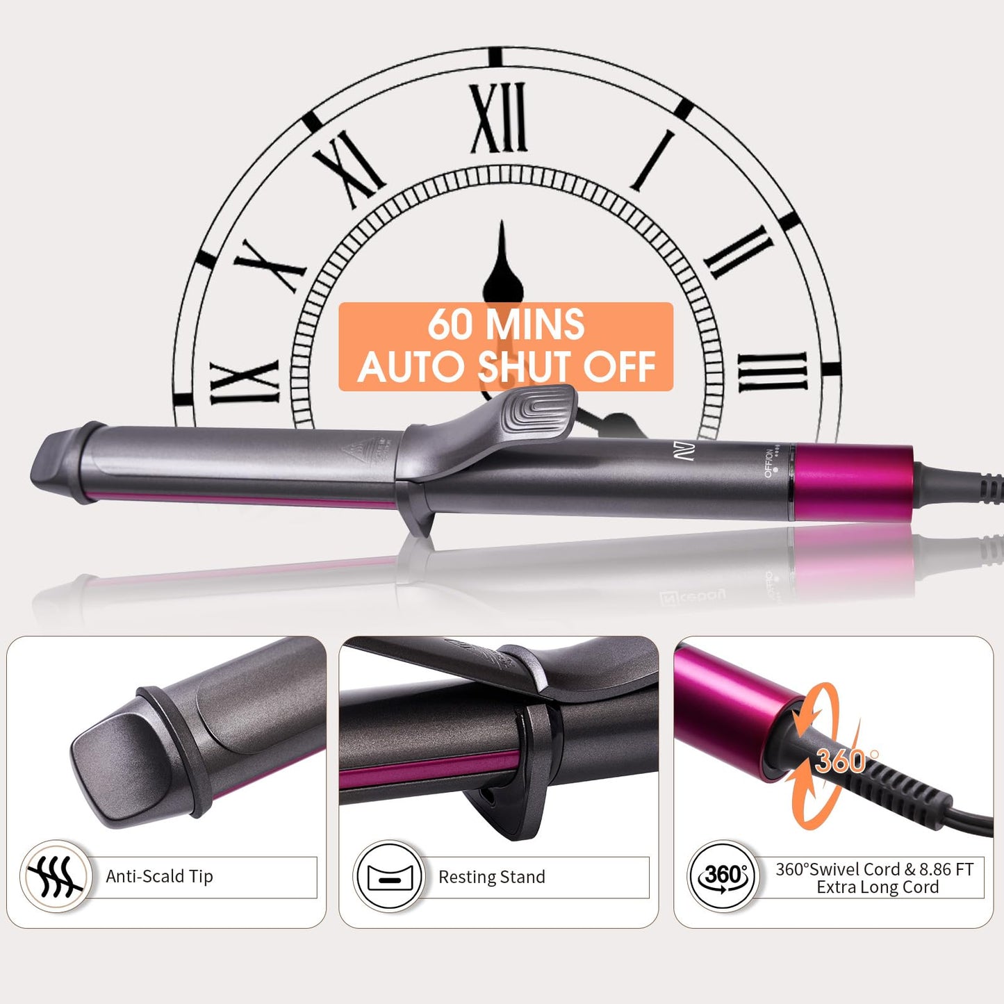 Lavender Nycoba Curling Iron, 1 1/4 Inch Hair Curling Wand with Ceramic Coating, Professional Hair Curler, Fast Heating up to 430°F, Wide Voltage for Worldwide, 60 Mins Auto Off, Magenta