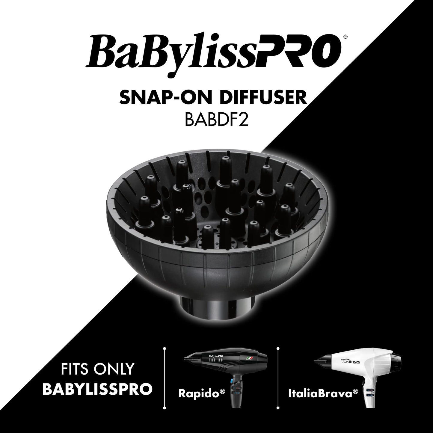 Black BaBylissPRO Snap-On Diffuser Attachment for Hair Dryer - for Rapido 1.0 or Brava Hair Dryer ONLY, BABDF2