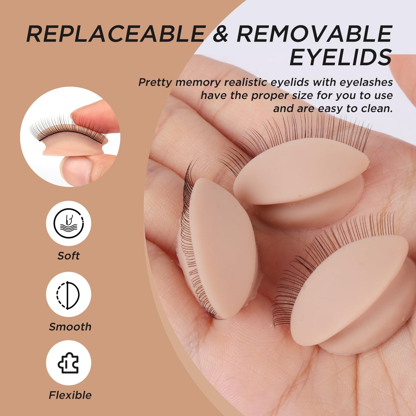 Rosy Brown BEYELIAN Lash Mannequin Head, Eyelash Mannequin Head with Eyelids, Lash Extension Training Practice Head, 4 Pairs Removable Eyelids, Soft-Touch, Natural Color Realistic