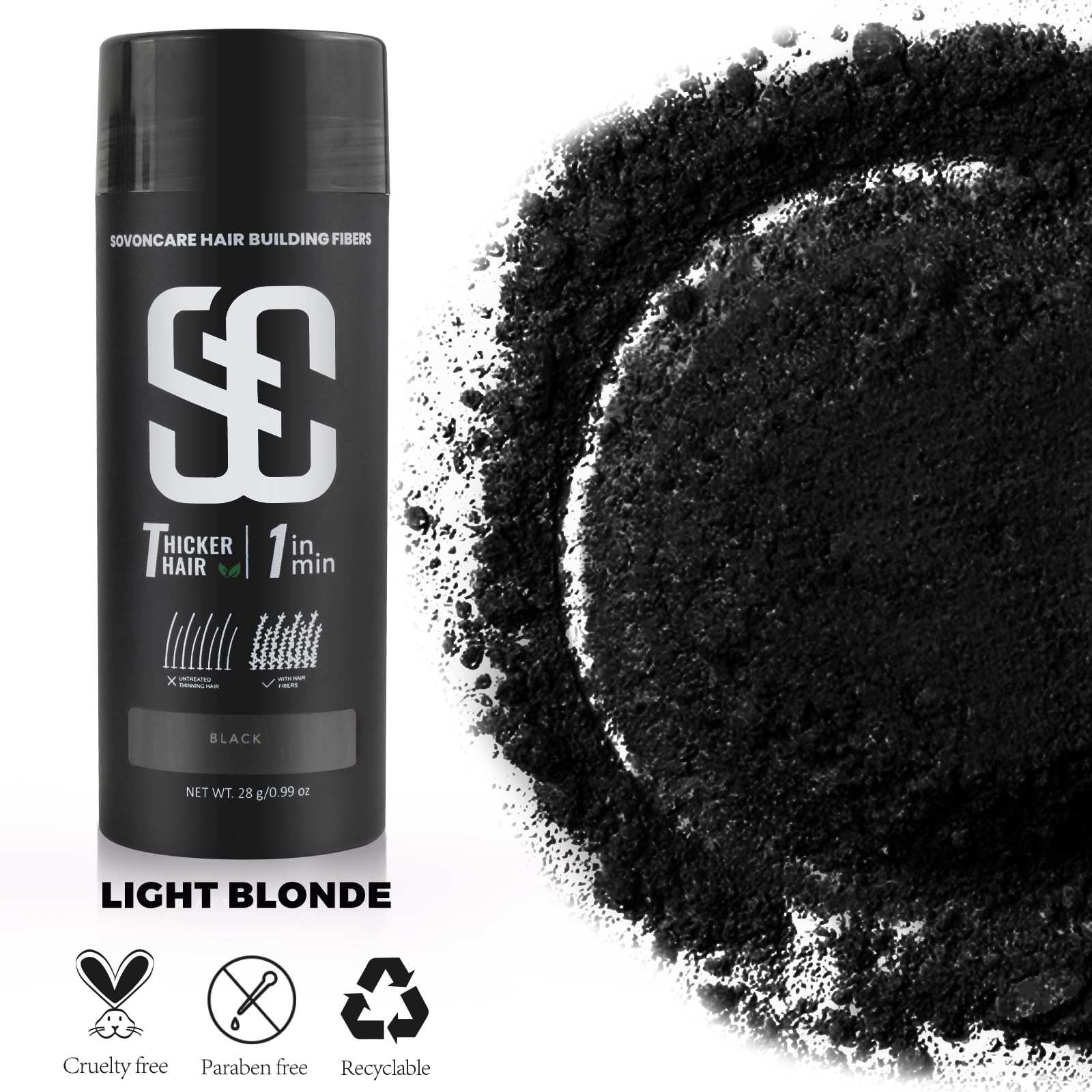 Black SOVONCARE Hair Fibers for Thinning Hair, Black Hair Building Fibers for Bald Spots Undetectable & Natural, Conceals Hair Loss, Fill In Fine Hair Powder Hair Thicker Instantly for Women & Men 28g