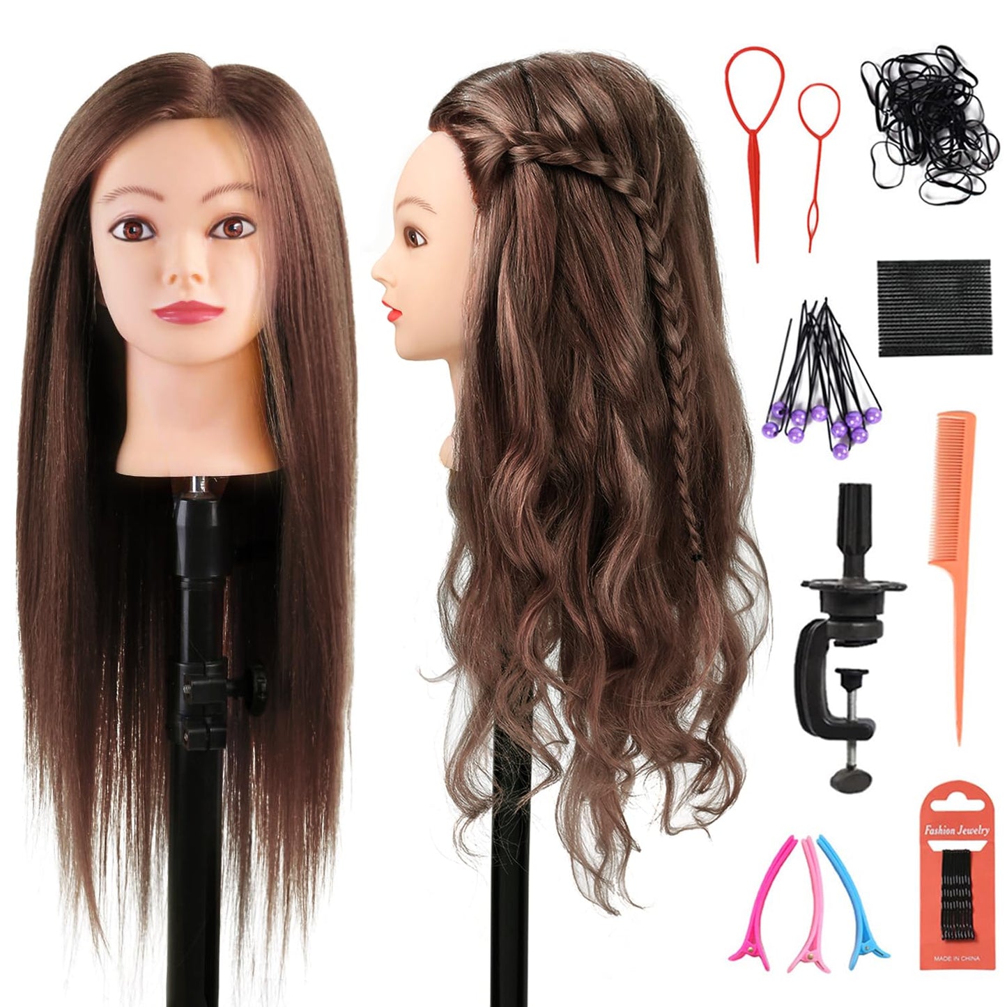 White Smoke Armmu Mannequin Head with Hair 80% Human Hair Doll Head 26"-28" Hairdresser Practice Training Head Cosmetology Manikin with 9 Tools and Clamp - #4 Brown