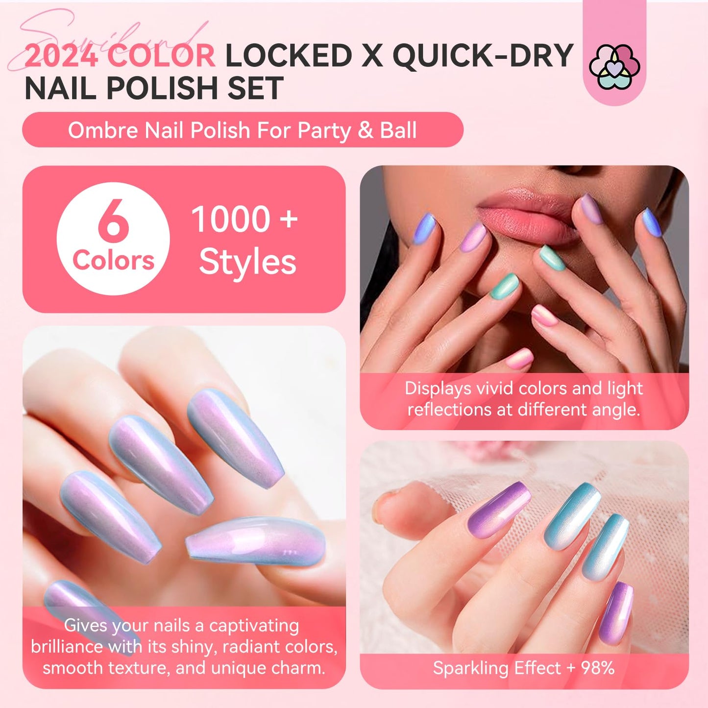Misty Rose SAVILAND 6pcs Ombre Nail Polish Sets: Charm Pink Blue Gold Purple Pearl Summer Fingernail Polish Colors Air Quick Dry Nail Polish Plant-base Castor Oil Natural Nail Lacquer Women Home Manicure DIY