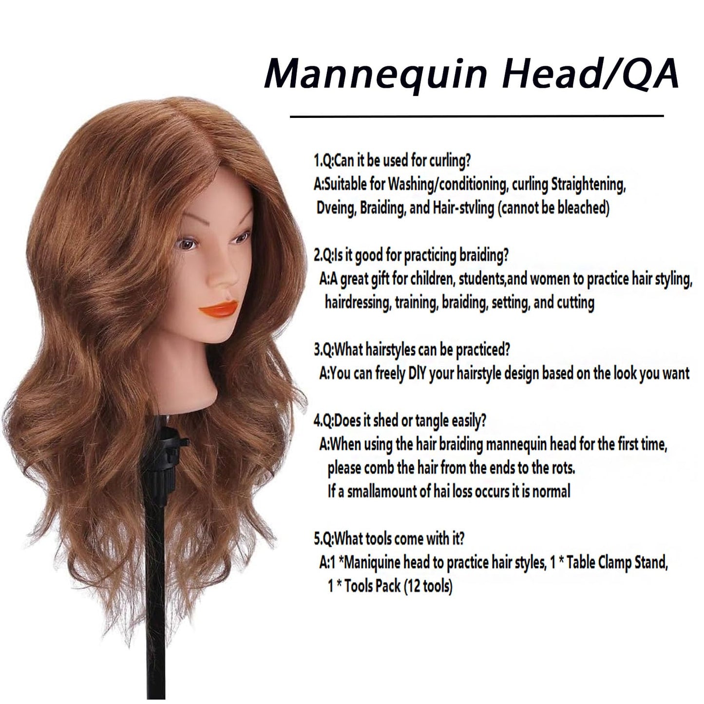 White Smoke Mannequin Head with 100% Human Hair, TopDirect Real Hair Cosmetology Mannequin Head Hair Styling Hairdressing Practice Training Doll Head with Clamp Holder and Tools (Dark Brown)