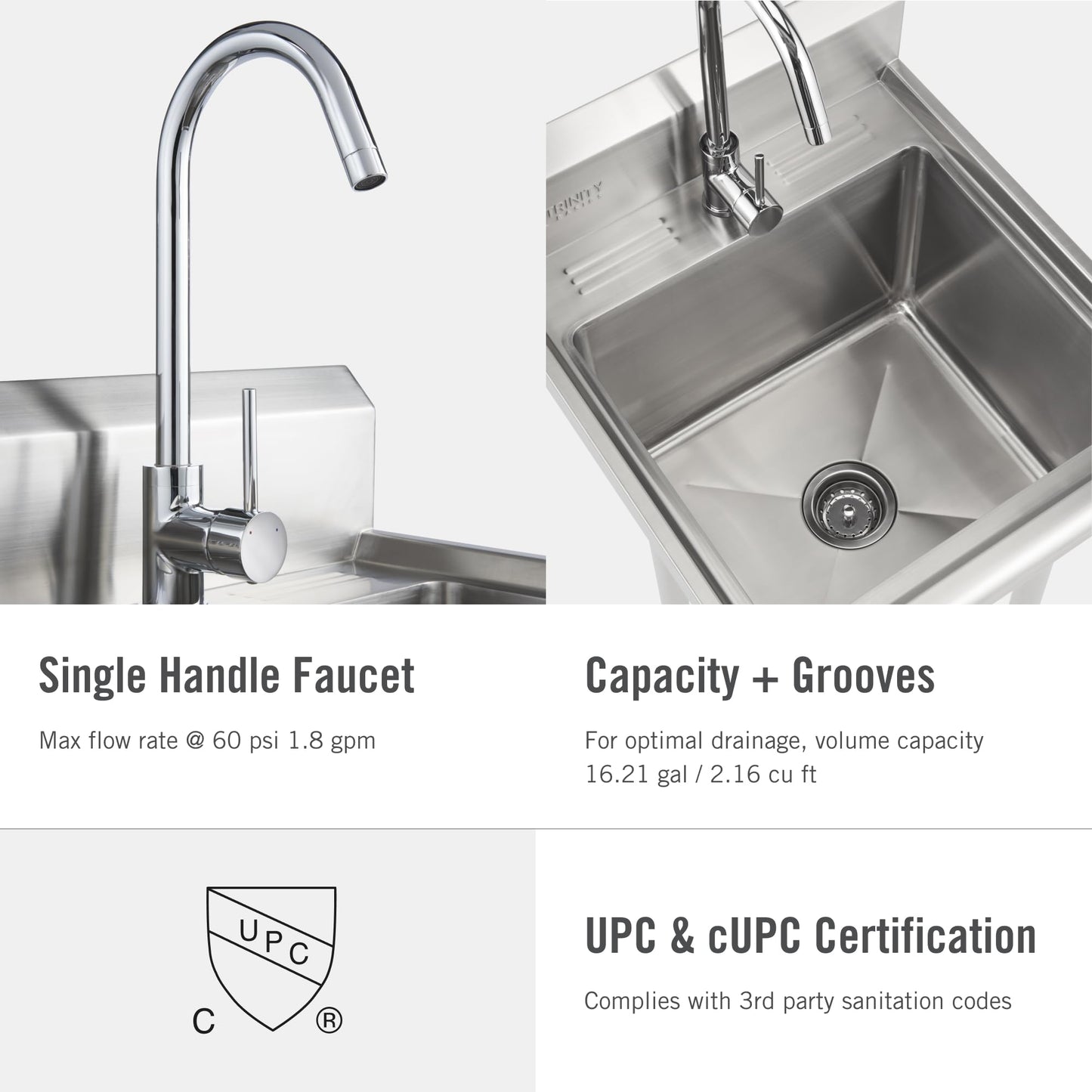 White Smoke TRINITY BASICS 21.5in Freestanding Stainless Steel Utility Sink, NSF Sink For Laundry Room, Garage, Shop, Kitchen Prep, Food Truck, Dog Wash, with Hot/Cold Pullout Chrome Faucet, 21.5” x 24” x 49.2”