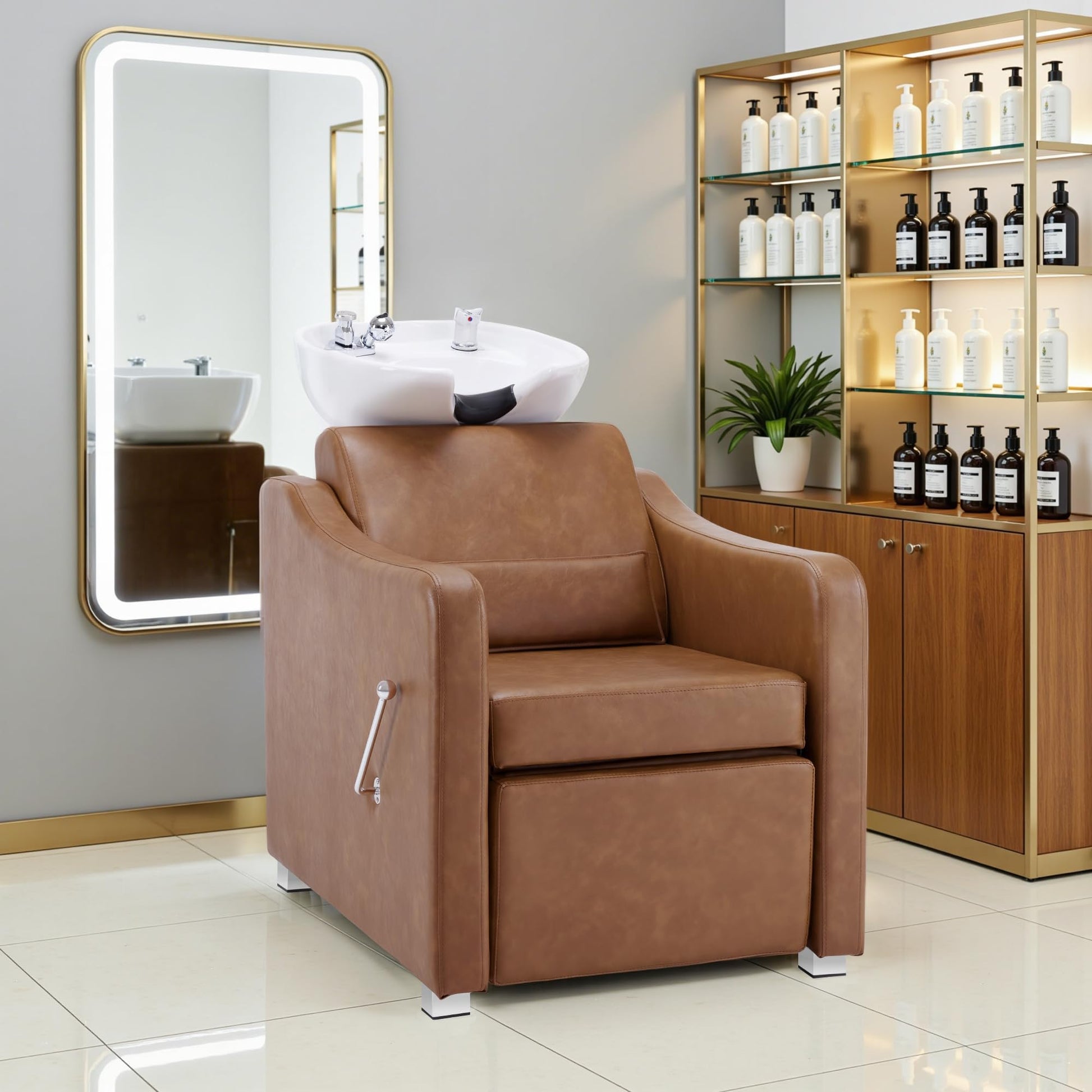 Light Gray BarberPub Backwash Shampoo Station Chair, Adjustable Porcelain Ceramic Hair Wash Bowl with Chair, Shampoo Station for Barber Shop, Spa Beauty Salon Equipment 9364 (Brown)
