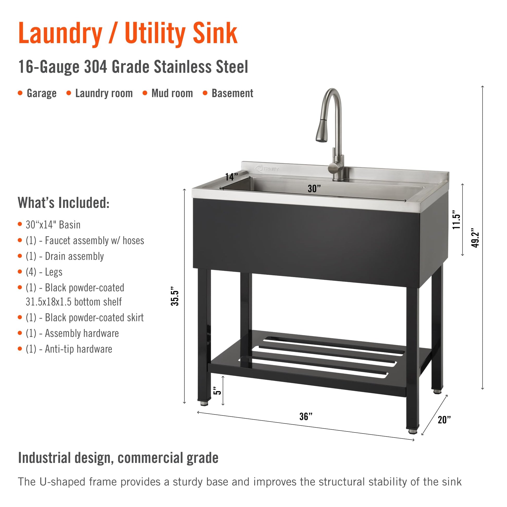 White Smoke TRINITY 36-Inch Freestanding Stainless Steel Utility Sink, NSF Commercial Sink for Laundry Room, Restaurant Kitchen Prep, Garage, Shop, Food Truck, Dog Wash, With Hot/Cold Pull-Out Faucet, Black