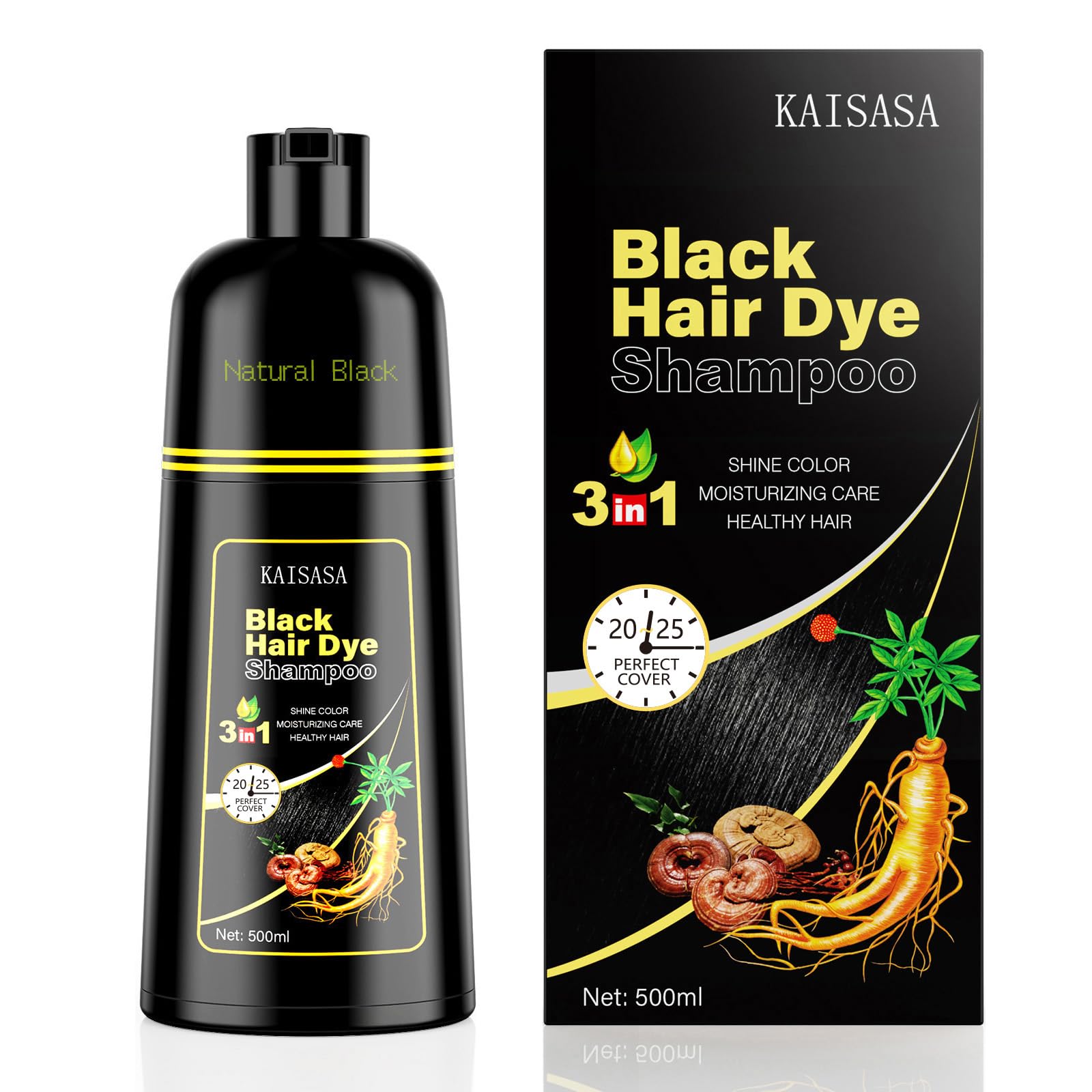 Black KAISASA Black Hair Dye Shampoo 3 in 1, Hair Color Shampoo for Women and Men, Hair Dye to Cover Gray Hair, Herbal Ingredient Shampoos for Grey Hair Coverage 500ml (Black)