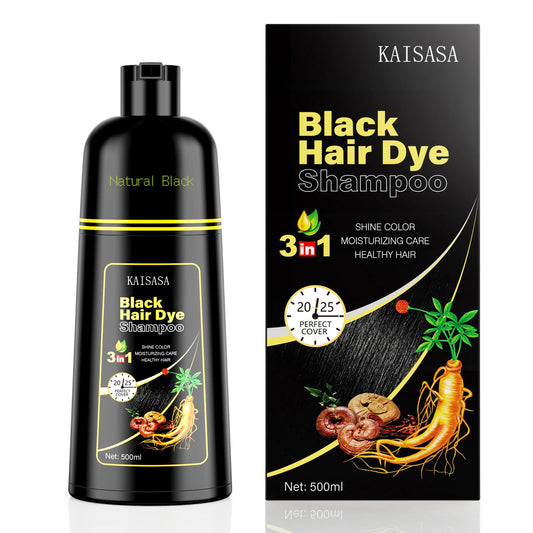 Black KAISASA Black Hair Dye Shampoo 3 in 1, Hair Color Shampoo for Women and Men, Hair Dye to Cover Gray Hair, Herbal Ingredient Shampoos for Grey Hair Coverage 500ml (Black)