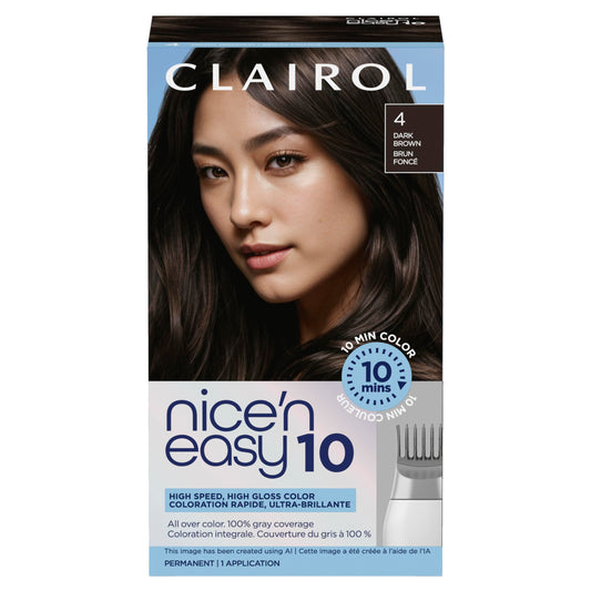 Black Clairol Nice'N Easy 10 Permanent Hair Dye, 4 Dark Brown Hair Color, Pack of 1
