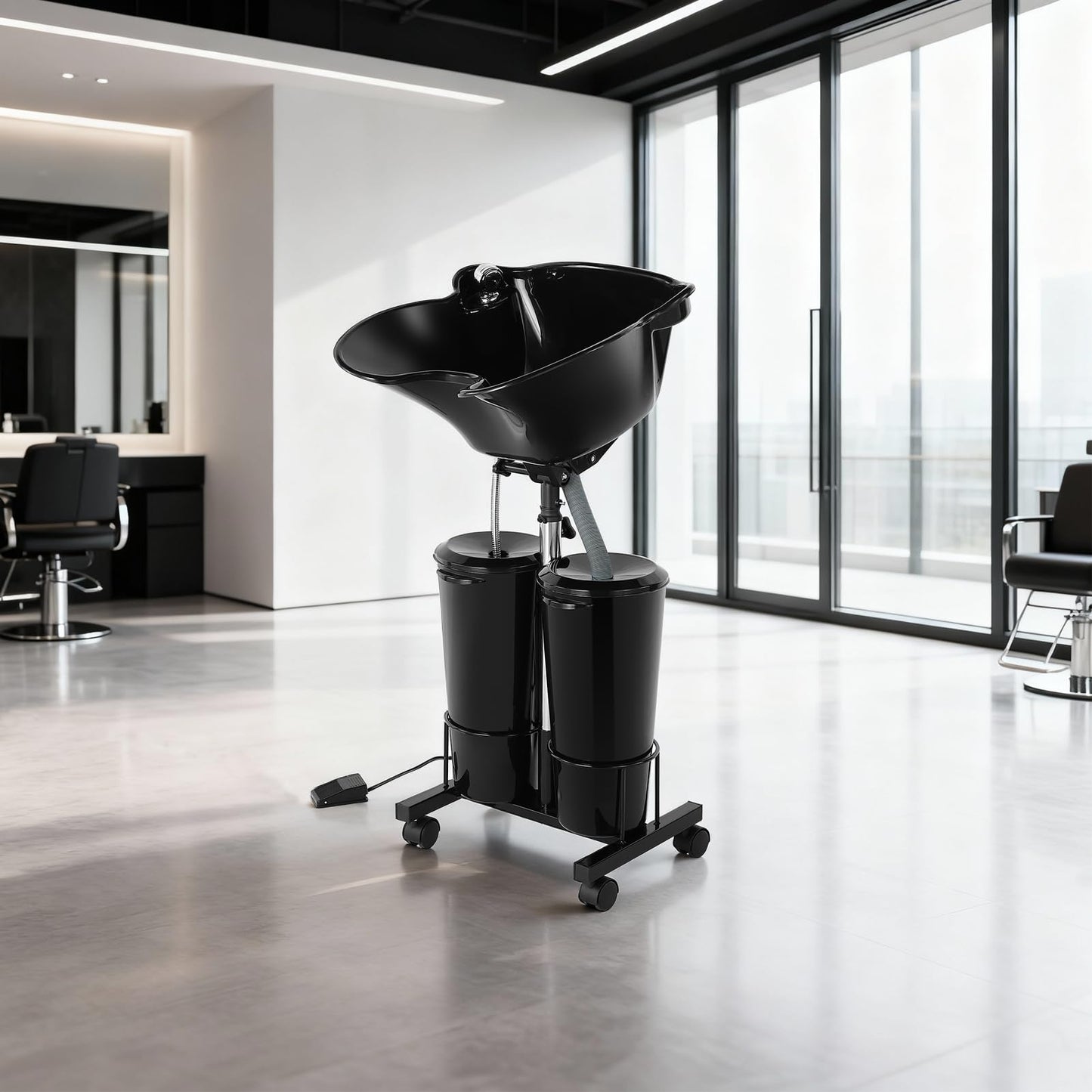 Lavender Portable Shampoo Bowl Unit Height Adjustable with 2 Bucket Hair Washing Station with Electric Pump and Drain Hoses, 270 Degree Rotation of Shampoo Basin Barber and Stylist Hair Salon Accessories