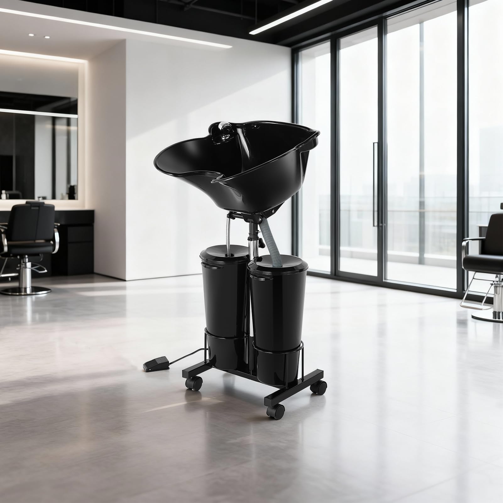 Lavender Portable Shampoo Bowl Unit Height Adjustable with 2 Bucket Hair Washing Station with Electric Pump and Drain Hoses, 270 Degree Rotation of Shampoo Basin Barber and Stylist Hair Salon Accessories