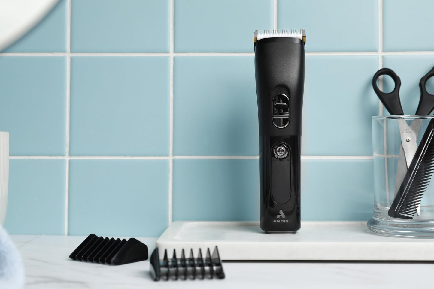 Light Steel Blue Andis 560547 Envision Cordless High-Speed Hair Clipper, 21-Piece Kit, Adjustable Blade, 1.5” LED Digital Display Screen, Black