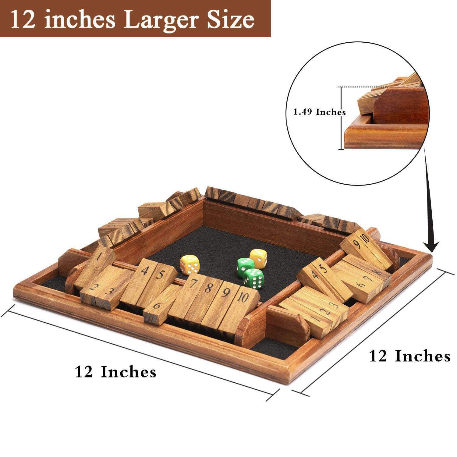 White Smoke AMEROUS 1-4 Players Shut The Box Dice Game, Wooden Board Table Math Game with 12 Dice and Shut-The-Box Instructions for Kids Adults, Family Classroom Home or Pub (12 Inches)