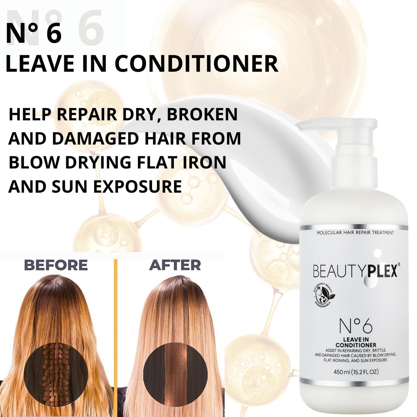 White Smoke BEAUTY PLEX No. 6 - Leave in conditioner Professional Bond Repair Heat Protectant for Hair - Strengthens, Nourishes, Moisturizes & Repairs Hair Structure Softness Frizz Control. 450ml (15.2 oz)