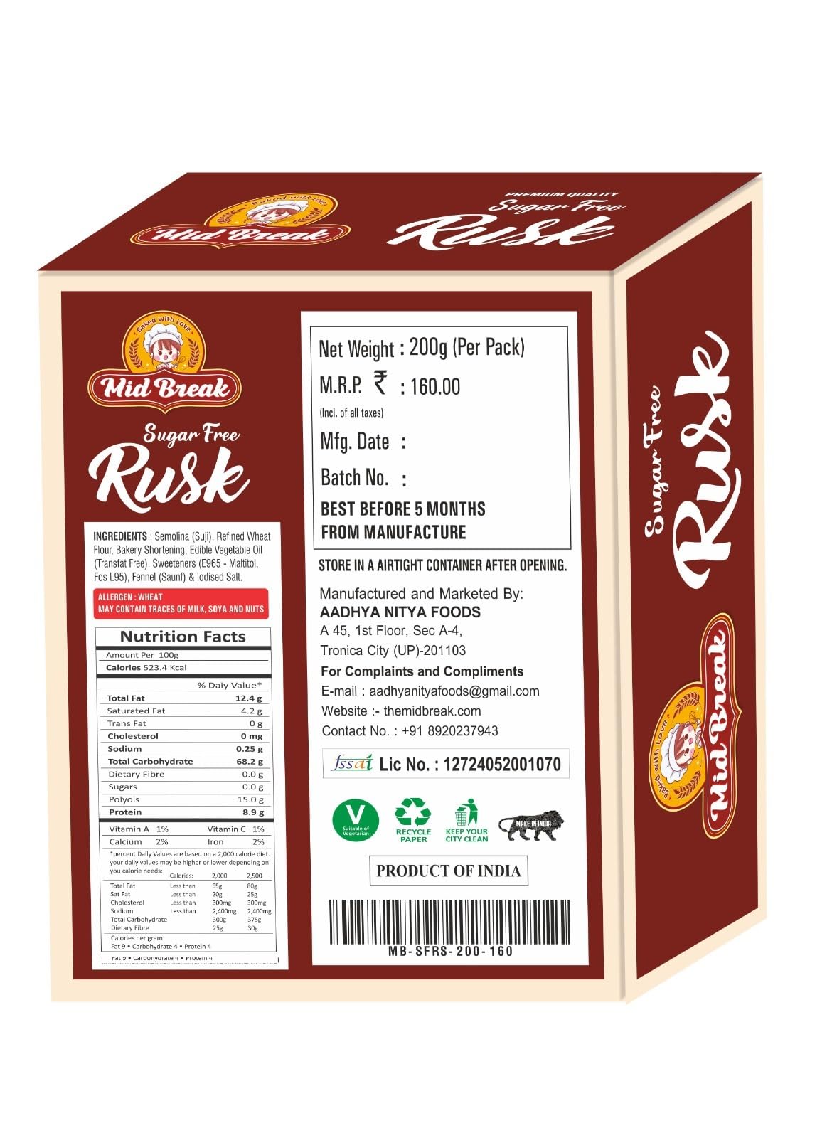 White Smoke Mid Break Sugar Free Rusks - Pack of 2 (200 Gm.*2) - Tasty and Healthy