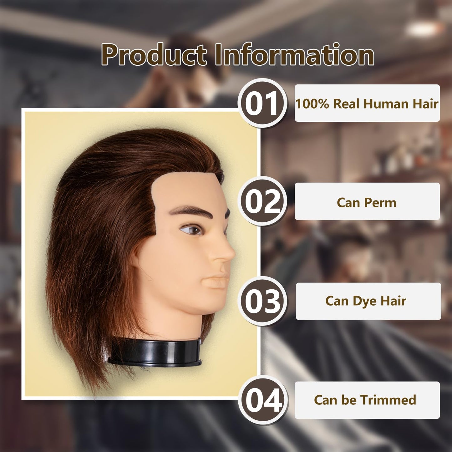 Dark Slate Gray Male Mannequin Head with Human Hair 12'' Barber Mannequin Head 100% Training Head for Hair Cutting Styling Practice Head for Hairdresser with Clamp Stand (Brown)