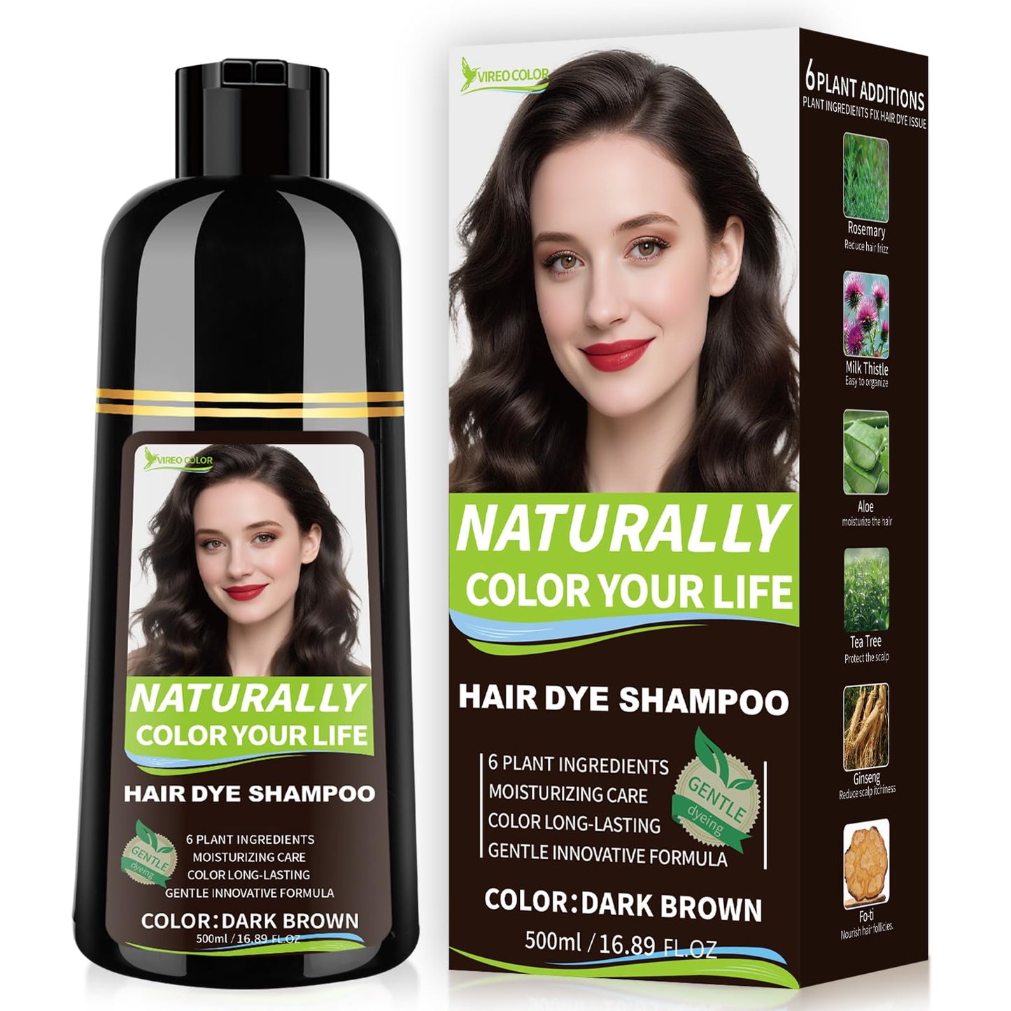 White Smoke RKQNIER Dark Brown Hair Dye Shampoo for Women & Men, 15 Min Gray Coverage, 3 in 1 Semi-Permanent Color with Natural Herbal Ingredients, Lasts 60 Days