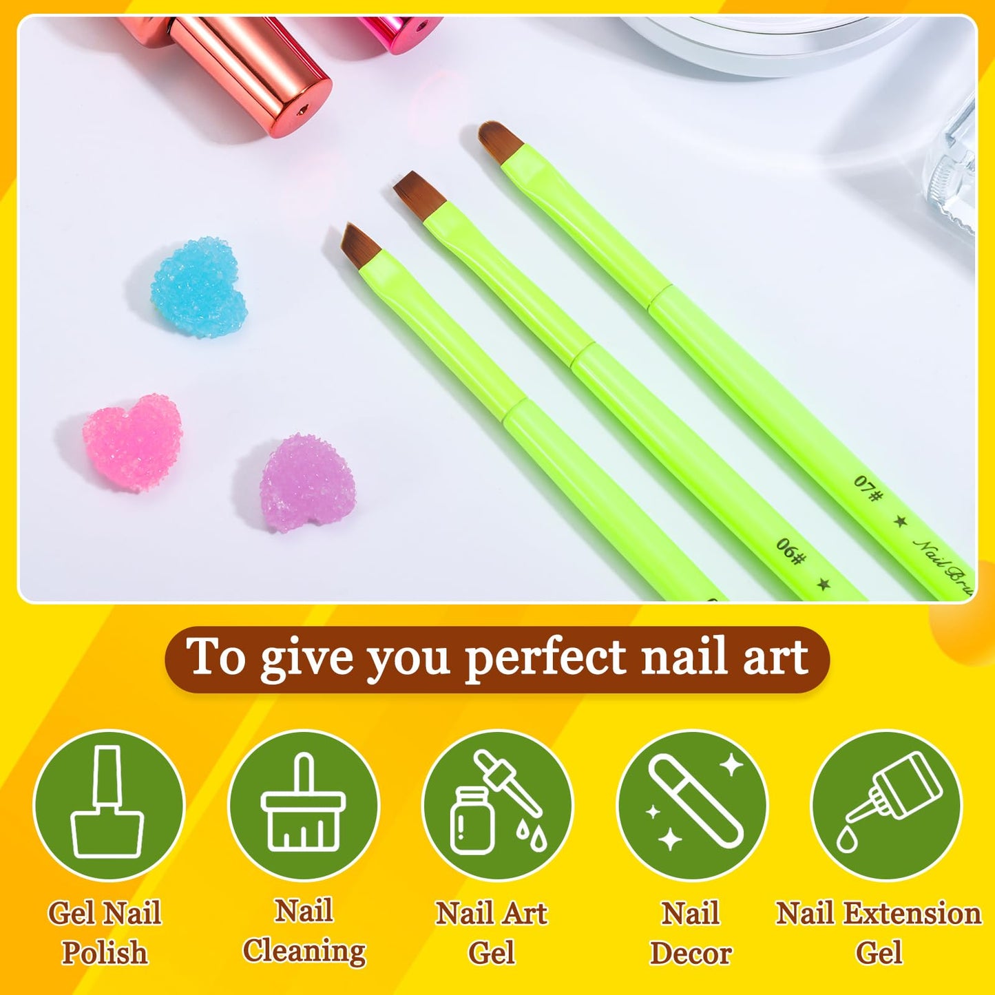 Lavender INENK 3PCS Nail Clean Up Brushes for OPI Nail Polish Remover, Brushes for Cleaning Polish Mistakes on the Cuticles, Acetone Resistant Nail Brush for Nail Art and Designs（Fluorescent Green ）