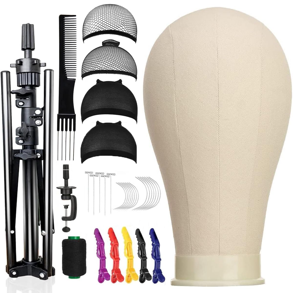 White Smoke SZCY LLC 23 Inch Canvas Block Wig Head, 47 Inch Wig Stand Tripod with Head, Mannequin Head for Wigs Display with Wig Caps, T C Pins Brush