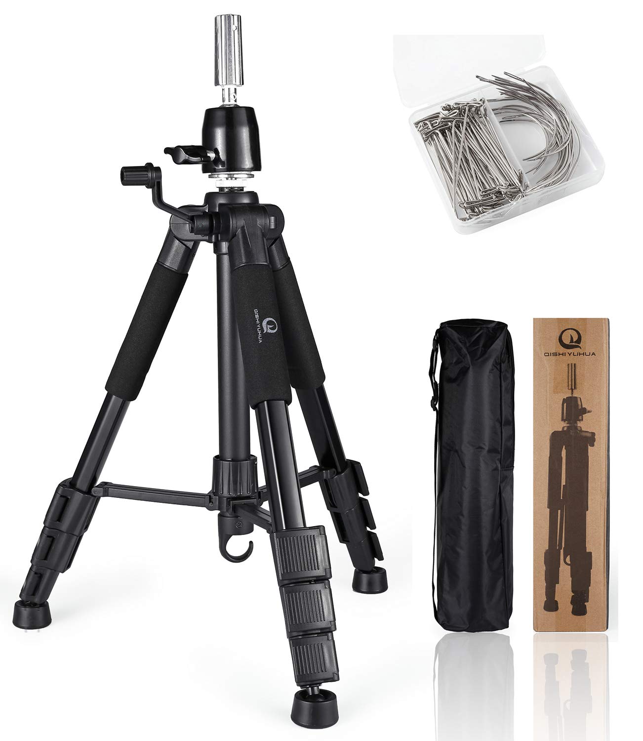 White Smoke QISHI YUHUA Wig Stand Tripod with Non-Slip Base Adjustable Mannequin Head Stand with Hook Heavy Duty Manikin Head Tripod