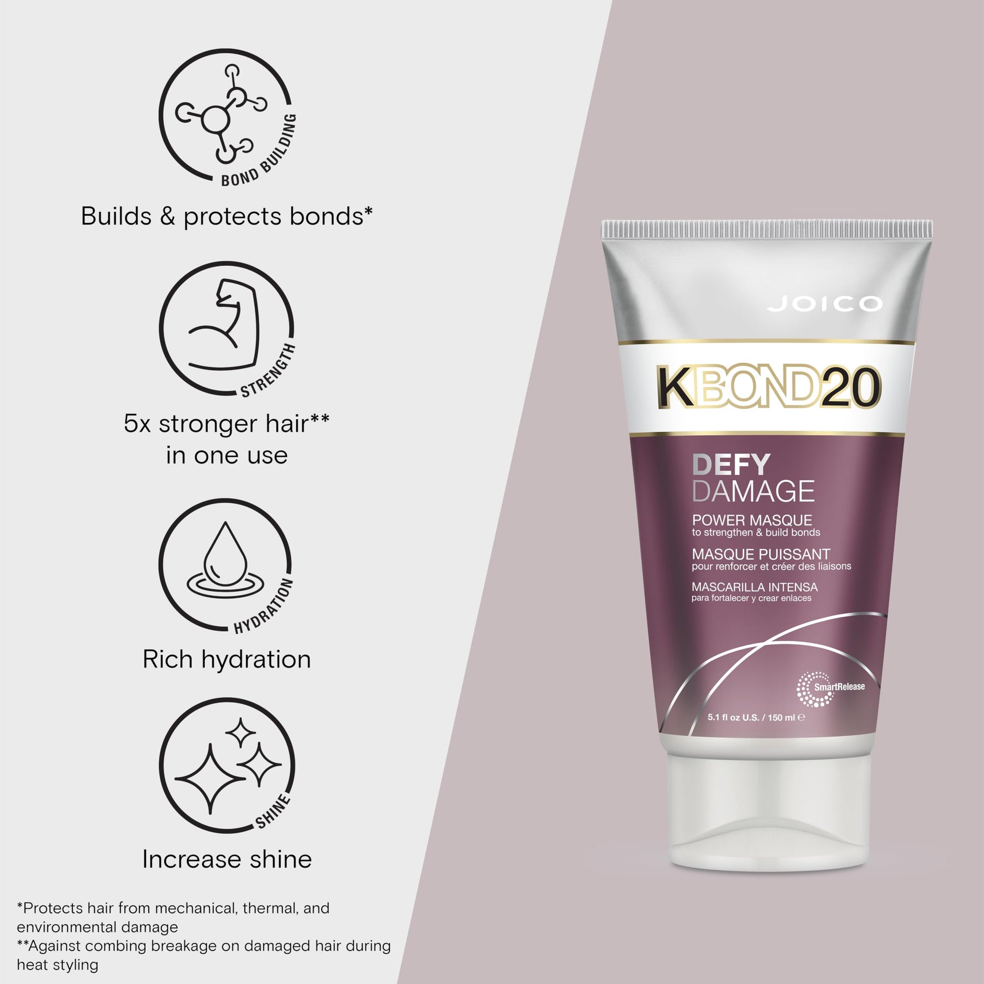Lavender Joico Defy Damage KBOND20 Power Masque | For Stronger, Hydrated Hair | Color-Safe | Rebuild & Protect Bonds | Paraben-Free | Animal-Test Free Formula | 5.1 Fl Oz