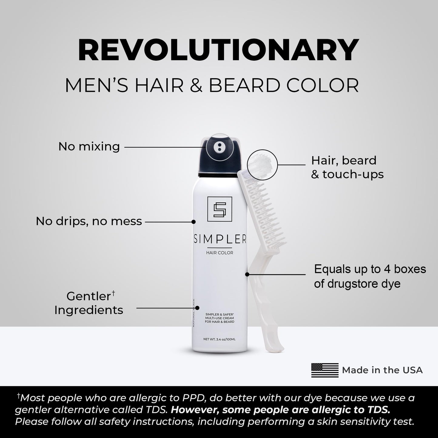 Light Gray Simpler Men's Hair Color Kit - Full Gray Coverage - Natural Black & Beard Dye - Easy Application for 100% Gray Hair - Natural Black