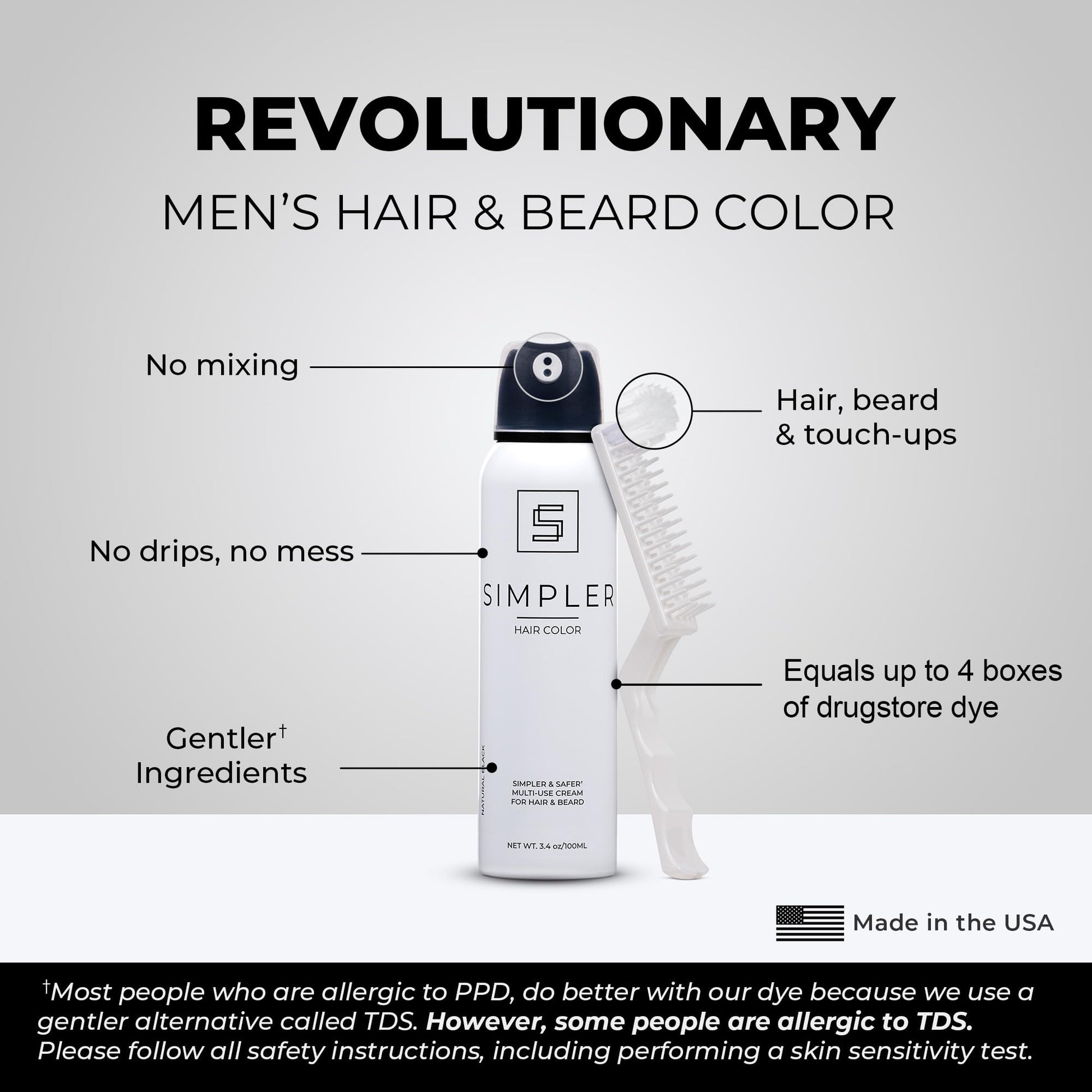 Light Gray Simpler Men's Hair Color Kit - Full Gray Coverage - Natural Black & Beard Dye - Easy Application for 100% Gray Hair - Natural Black