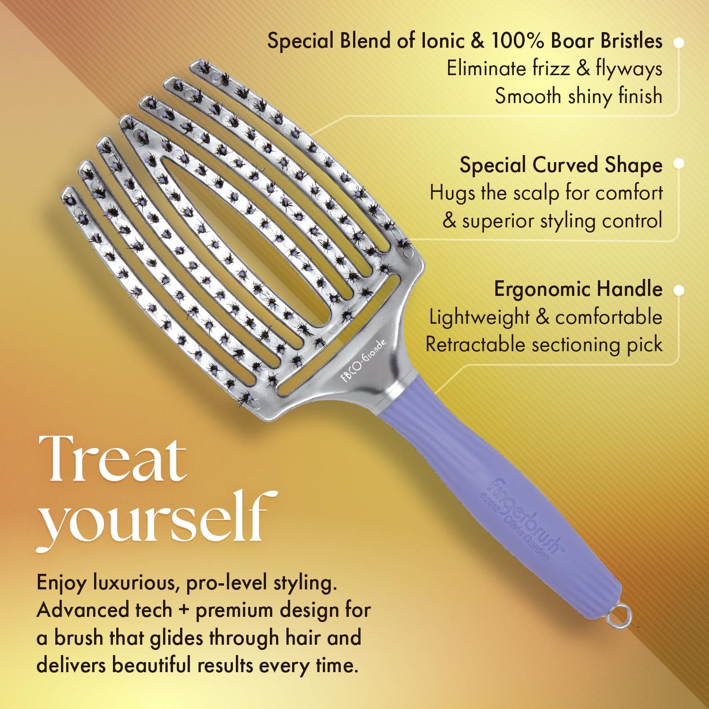Light Goldenrod Olivia Garden Fingerbrush Combo Curved and Vented Paddle Brush for Blow Drying - Ionic and 100% Boar Bristles - For All Hair Types, Grande
