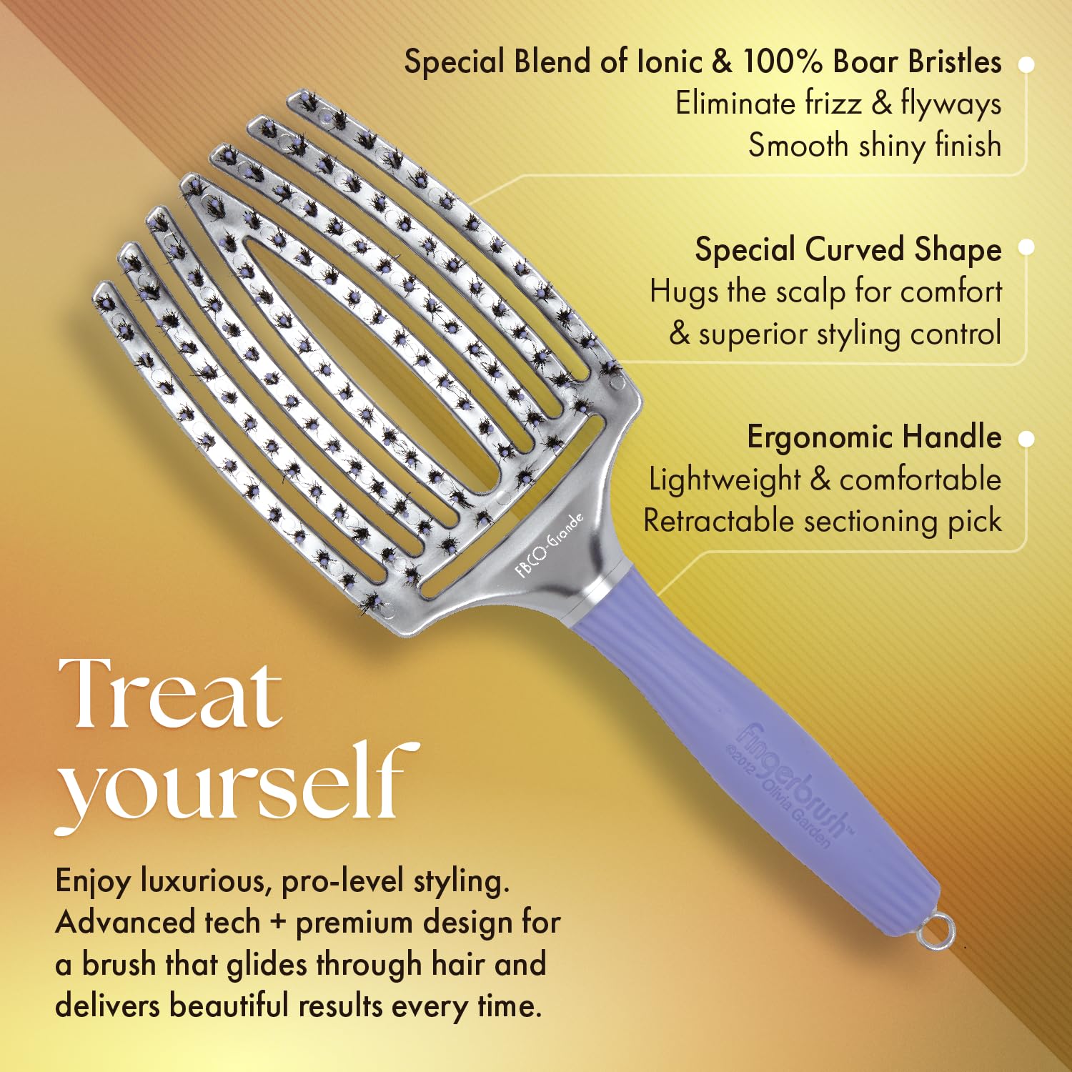 Light Goldenrod Olivia Garden Fingerbrush Combo Curved and Vented Paddle Brush for Blow Drying - Ionic and 100% Boar Bristles - For All Hair Types, Grande