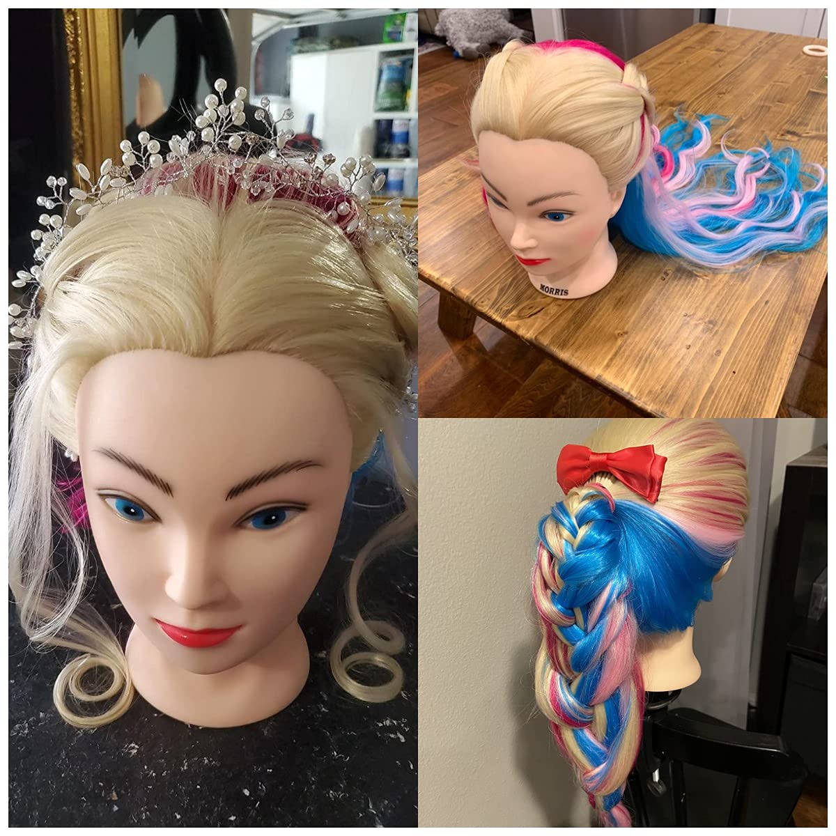 Black Mannequin Head with Long Synthetic Fiber Colorful Hair Styling Training Head 26-28inch Manikin Cosmetology Doll Head Hairdressing Training Model for Cutting Braiding Practice and Free Clamp Holder