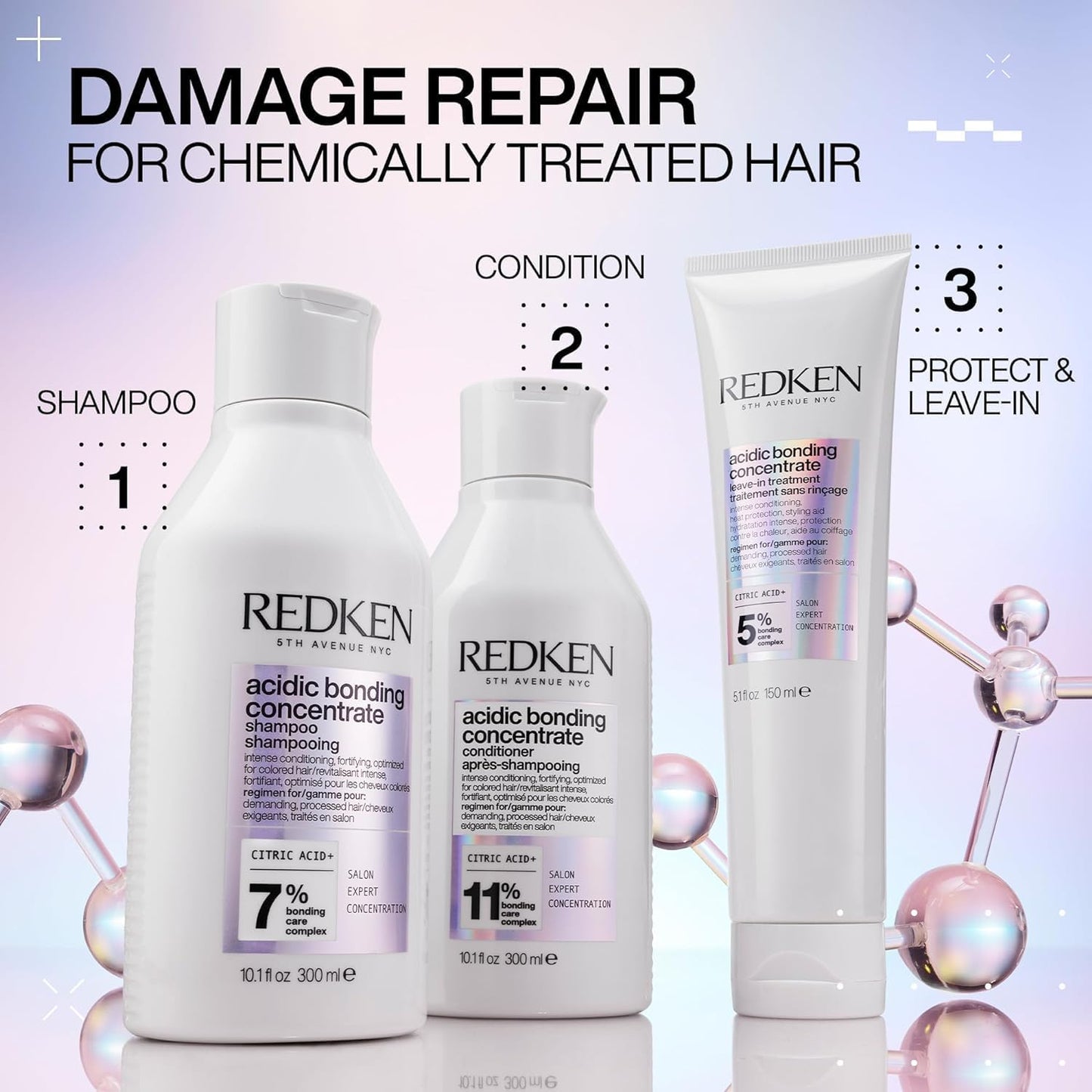 Light Gray Redken Acidic Bonding Concentrate Shampoo, Conditioner & Treatment Set For Damaged and All Hair Types - Repair and Strengthen Weak Hair Bonds With Citric Acid