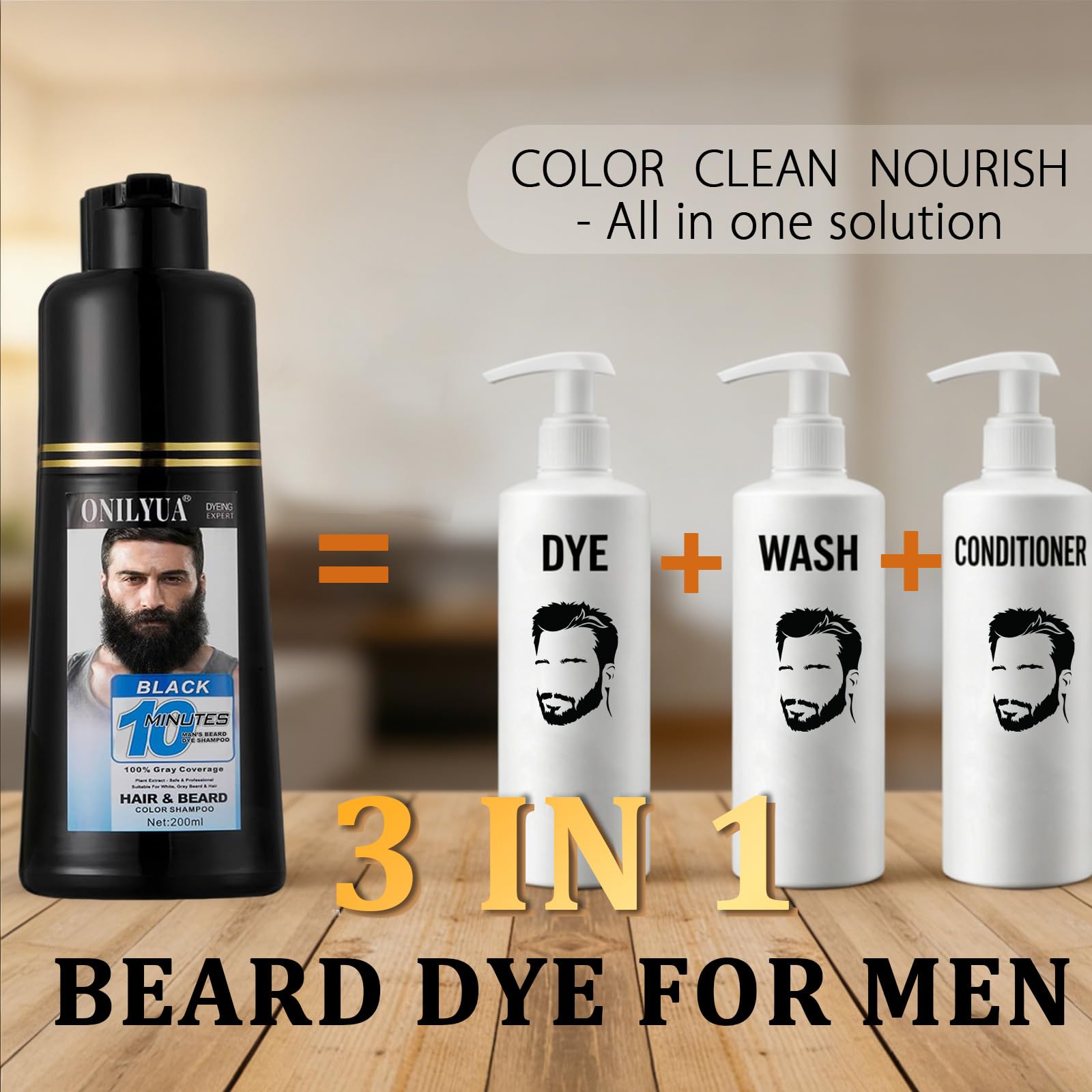 Gray Beard Dye For Men, 10-Minute Instant Gray Coverage, 3 in 1 Black Mens Beard & Mustache Dye Shampoo with 4-6 Weeks Lasting Color, Nourishing with Argan Oil & Noni Fruit, No-Mess Application 6.76 Fl Oz