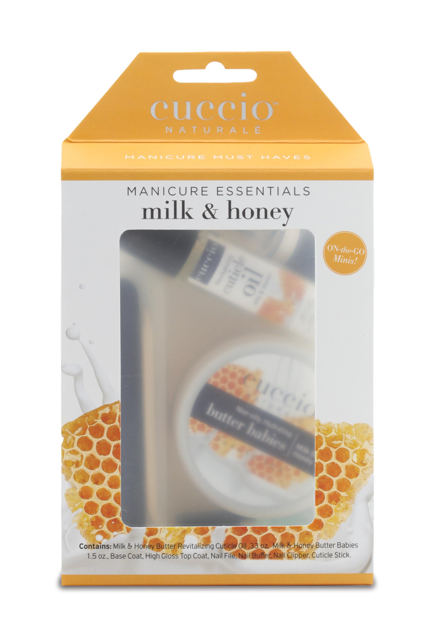 Light Gray Cuccio Naturale Manicure Essentials Starter Set, Milk & Honey, 8-Piece At-Home Manicure Kit with Body Butter 1.5 oz, Cuticle Oil Roll-On 10 mL, Base & Top Coat, Nail Tools