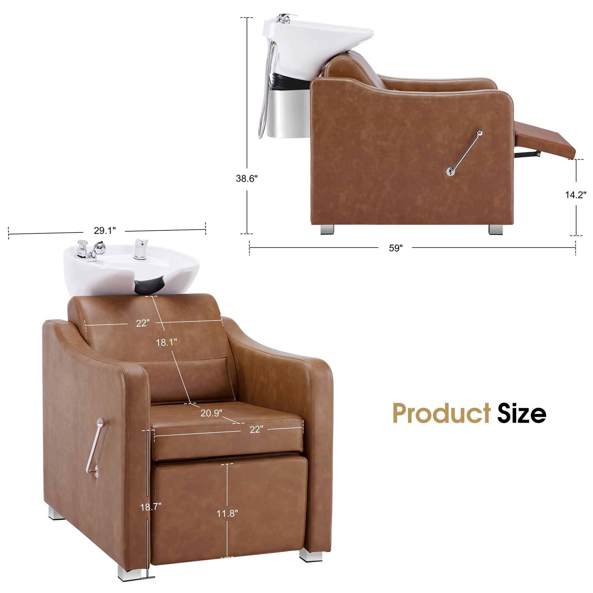 White Smoke BarberPub Backwash Shampoo Station Chair, Adjustable Porcelain Ceramic Hair Wash Bowl with Chair, Shampoo Station for Barber Shop, Spa Beauty Salon Equipment 9364 (Brown)