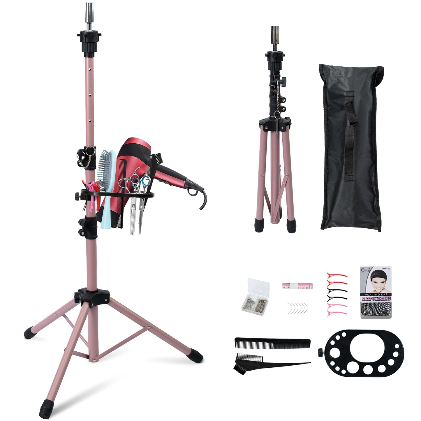 White Smoke Klvied Wig Stand Tripod Upgraded, Mannequin Head Stand Double Locking, Reinforced Metal Wig Head Stand with Tool Tray, Rose Gold (53.5 Inches)