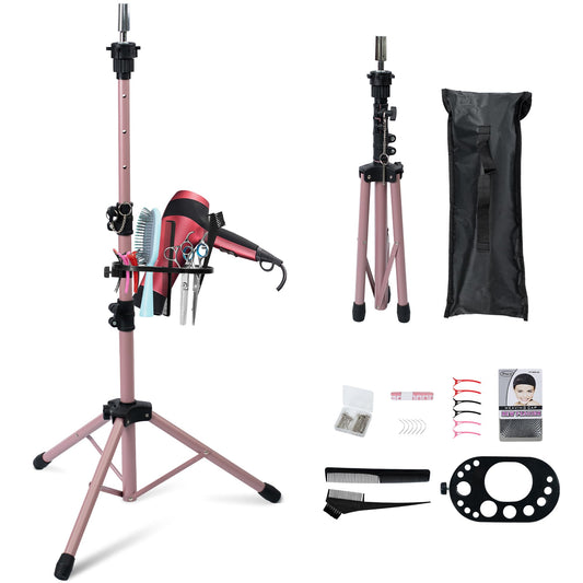 White Smoke Klvied Wig Stand Tripod Upgraded, Mannequin Head Stand Double Locking, Reinforced Metal Wig Head Stand with Tool Tray, Rose Gold (53.5 Inches)