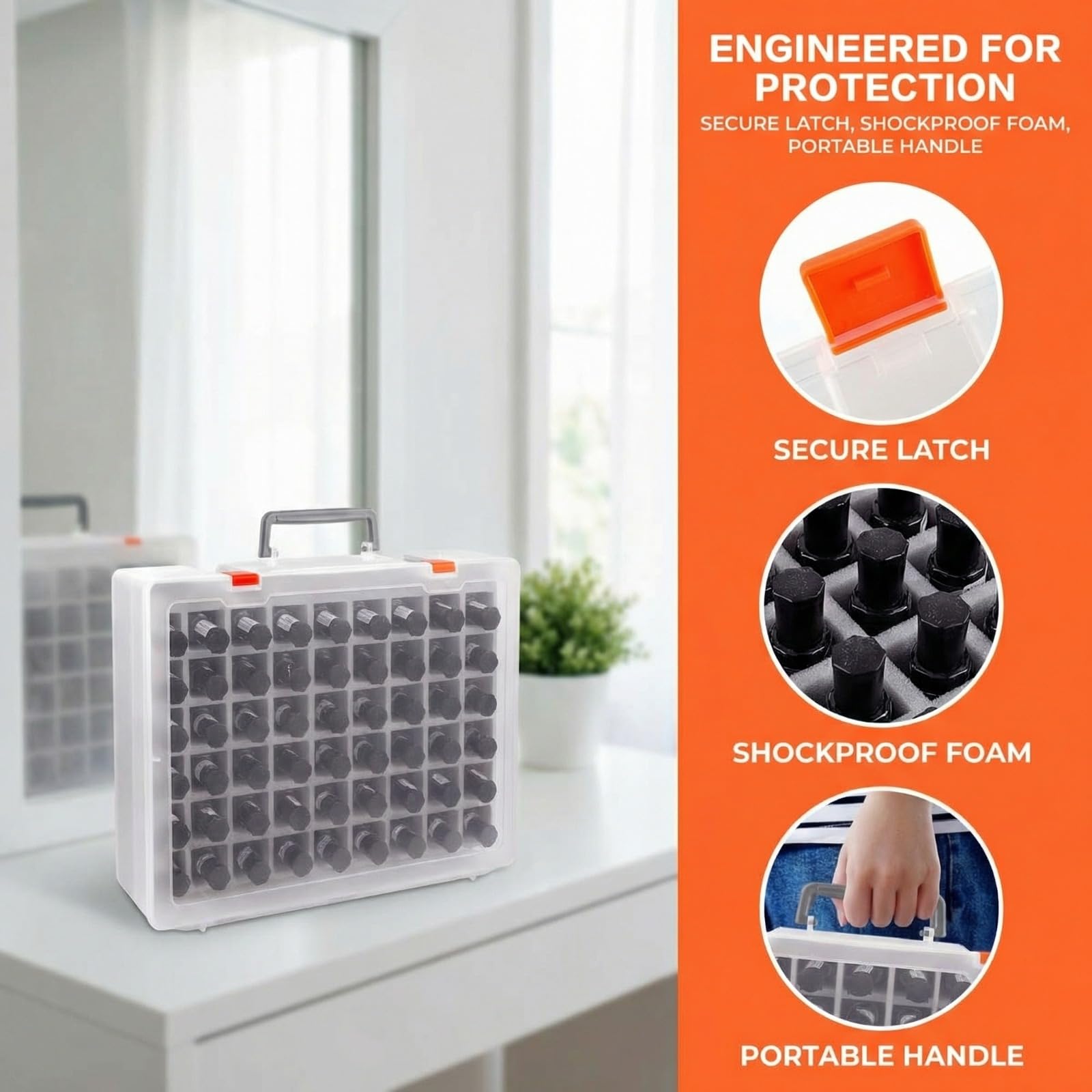 Light Gray ALCYON 54-Bottle Nail Polish Organizer Case - Professional Clear Storage Box with Shockproof Sponge Foam - Secure Travel Bag for Beetles, for Essie - Prevents Glass Breakage Organized (Grey, For 54)