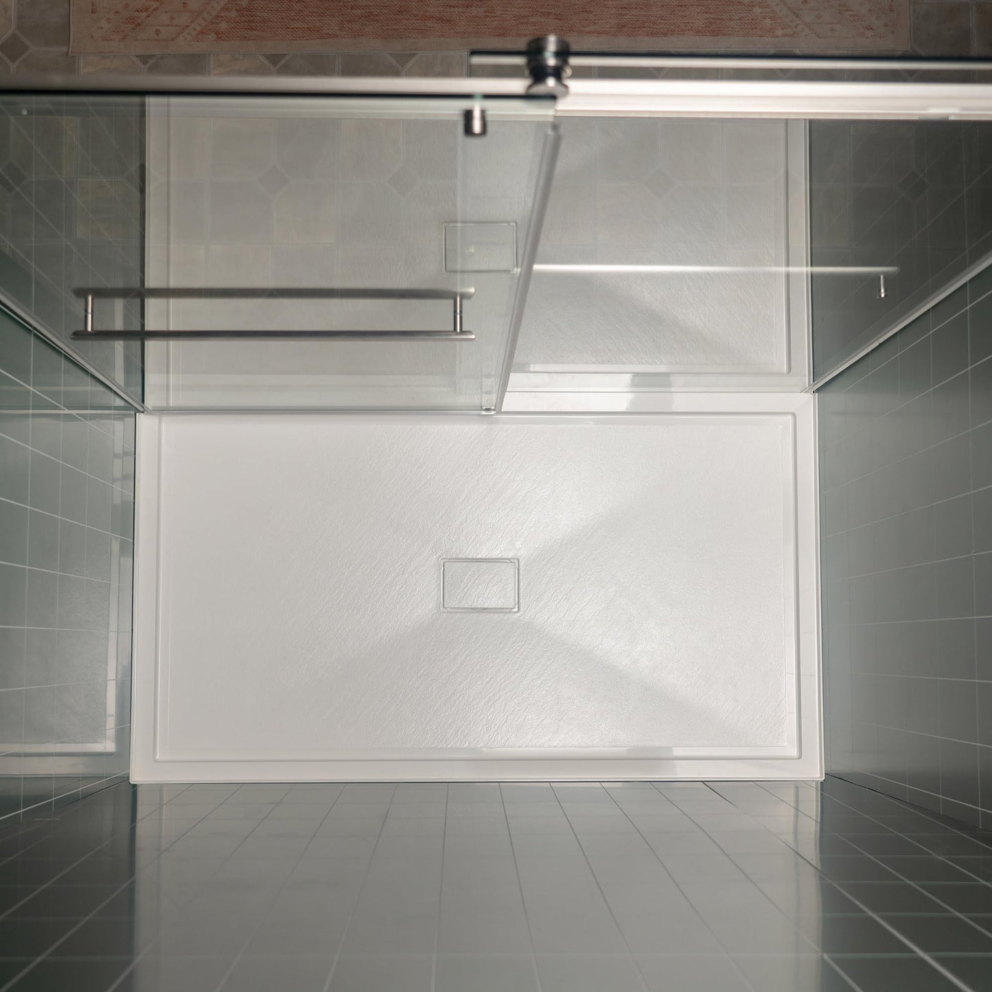 Gray WOODBRIDGE 48" x 32" Solid Surface Shower Base in White with Center Drain,Single Threshold,Slip-Resistant Shower Pan for Alcove Installation