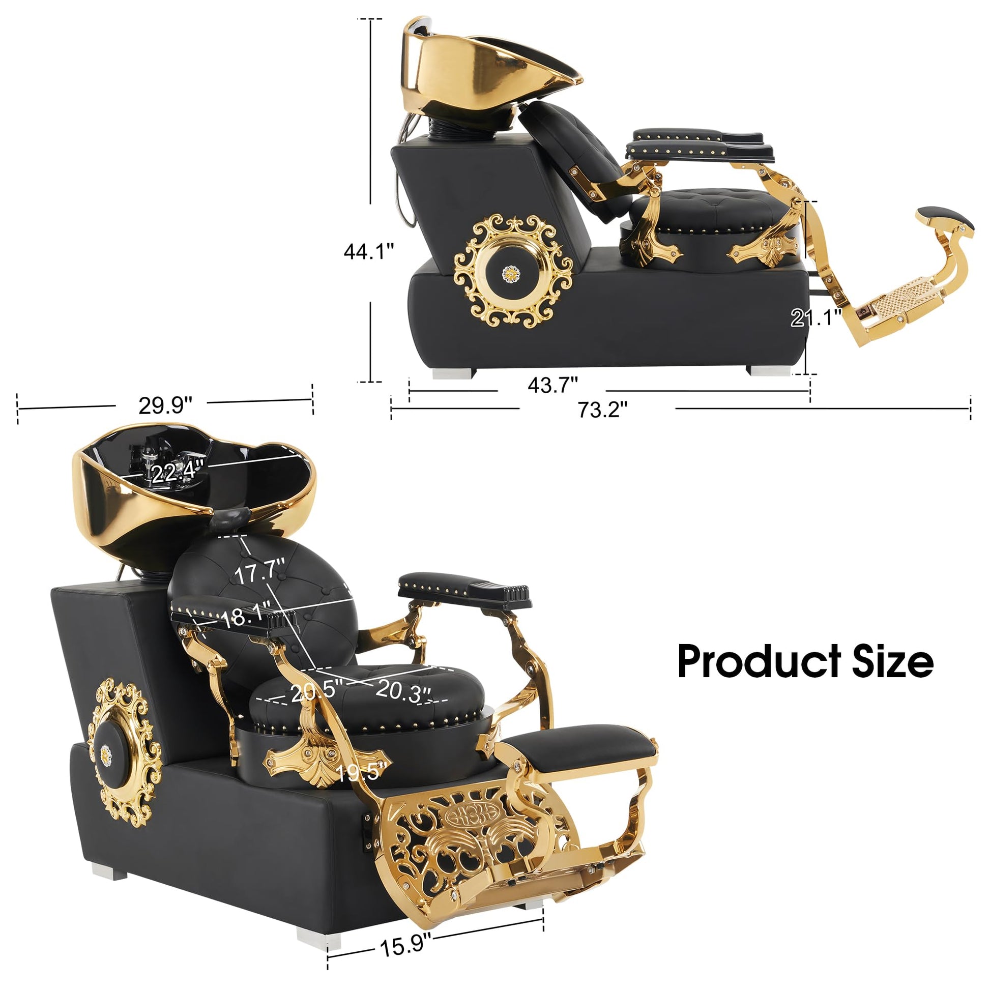 White Smoke BarberPub Backwash Shampoo Station Chair, Retro Adjustable Porcelain Ceramic Hair Wash Bowl Unit Station, Shampoo Barber Chair with Vacuum Breaker for Spa Beauty Salon 8610 (Black&Gold)