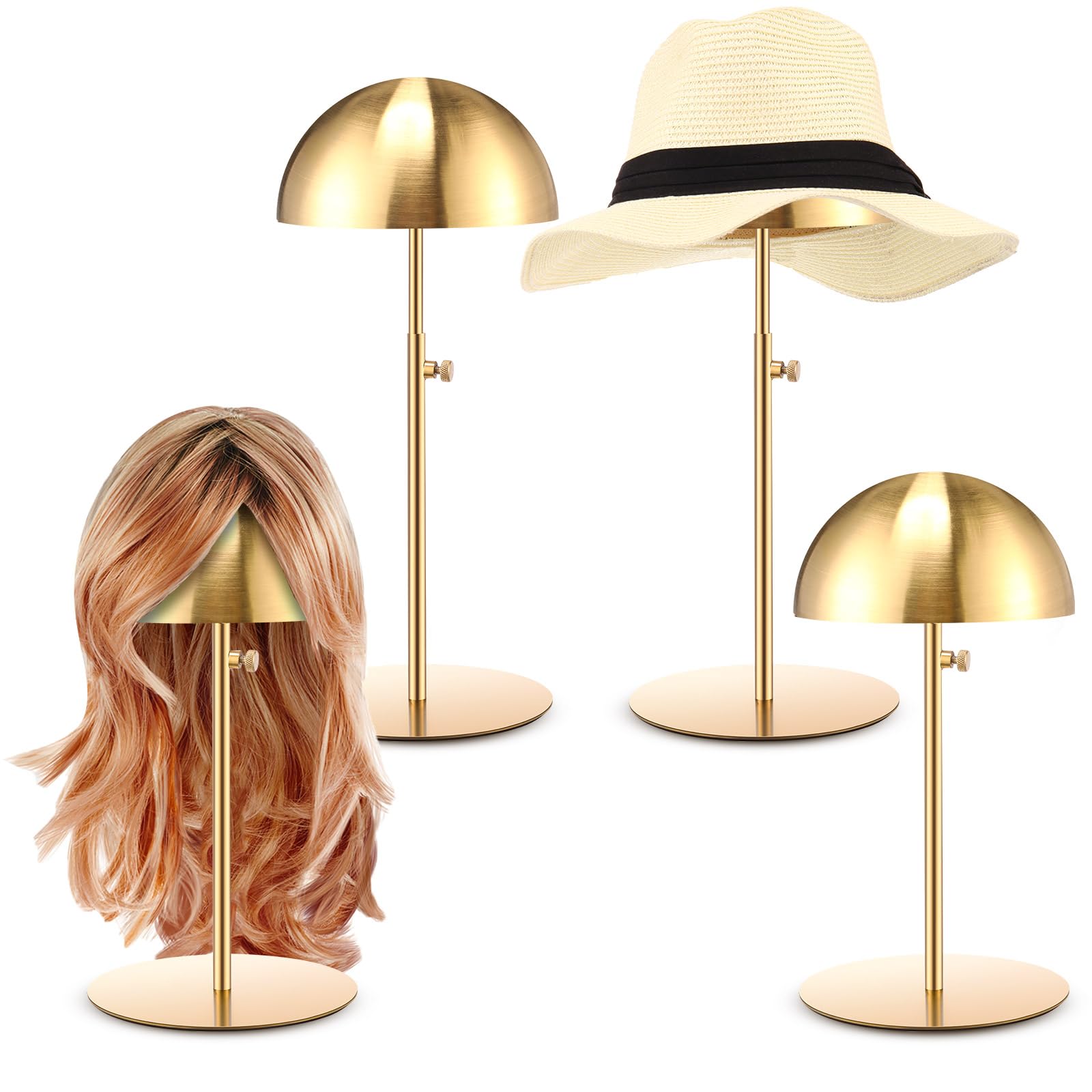 White Smoke Sintuff 4 Pcs Hat Display Stand:adjustable 7.9-15.7inch Wigs Head Holder Stand Non Slip Stainless Steel Metal Rack for Multiple Hats Wig Storage Styling Practice(Gold,Round Base)