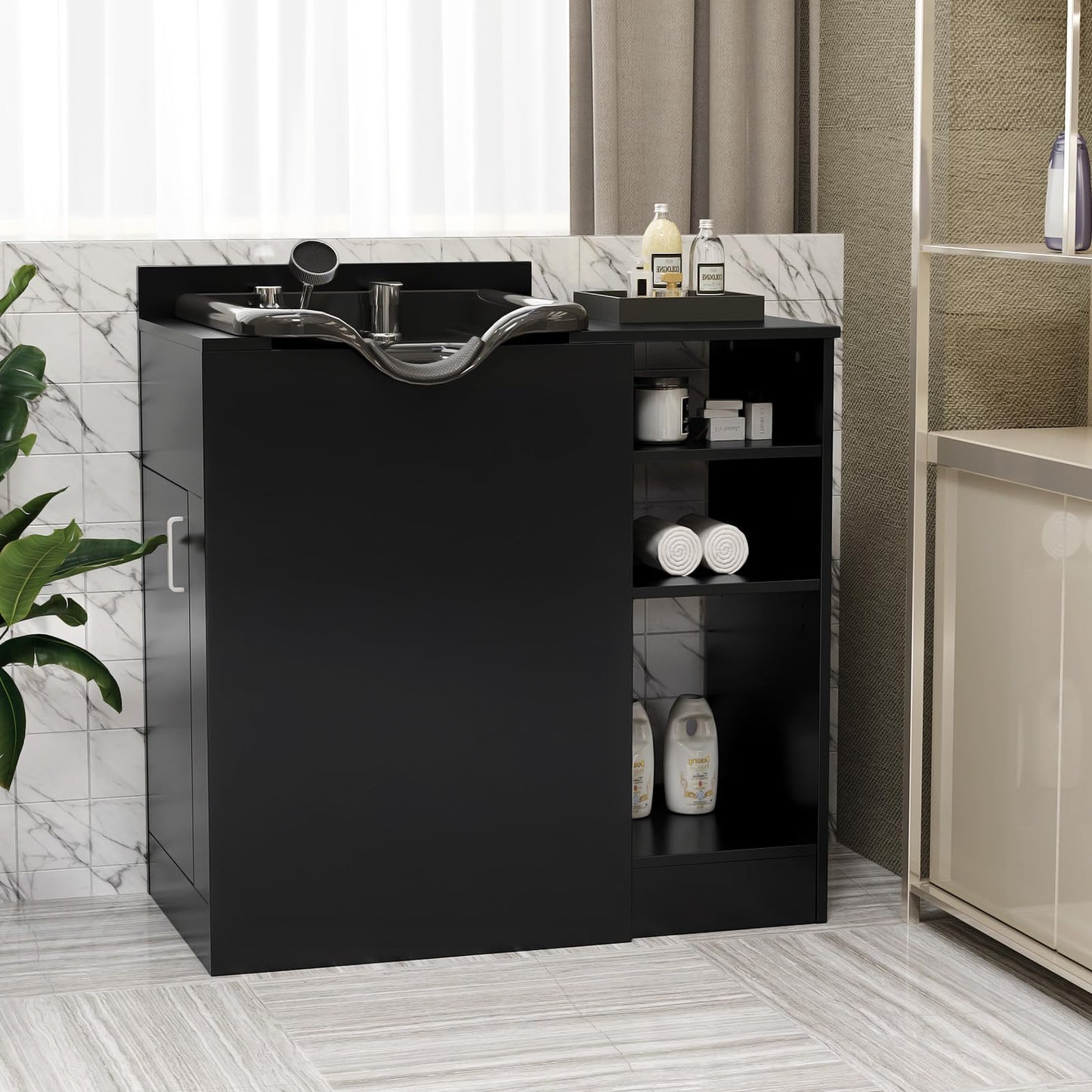 Black OmySalon Salon Station, Barber Station for Hair Stylist, Storage Cabinet with Shampoo Bowl, Drawer, Backwash Sink, UPC Certified Sprayer Faucet, for Beauty Salon Spa, Black