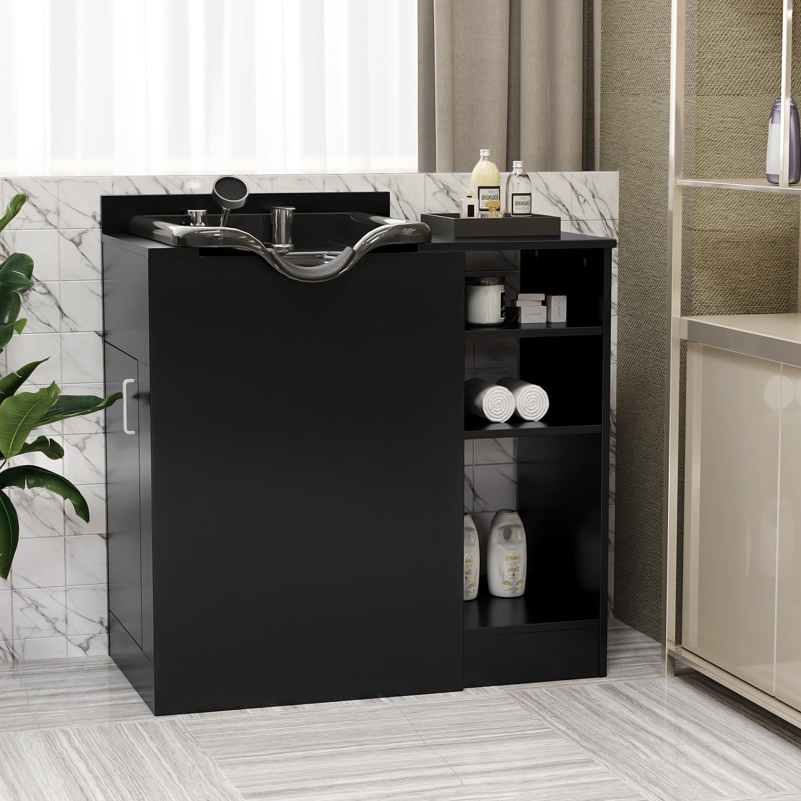 Black OmySalon Shampoo Bowl with Cabinet, Portable Salon Hair Washing Station with Adjustable Shelf, UPC Certified Faucet, Freestanding Backwash Sink for Barber, Beauty Salon, Spa