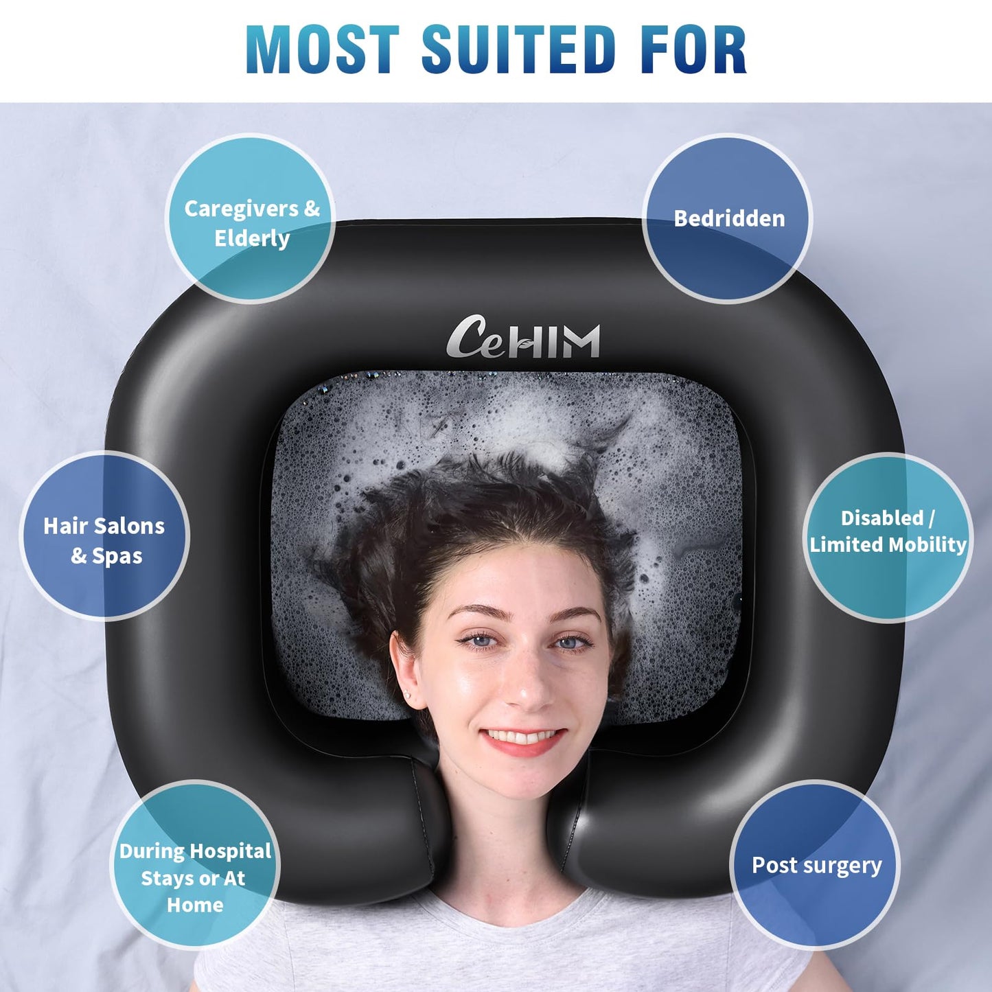Light Gray Cehim Inflatable Shampoo Basin - Portable Shampoo Bowl, Hair Washing Basin for Bedridden, Disabled,Injured, Hair Wash Tub for Dreadlocks and at Home Sink Washing (Black, 15in Inner)