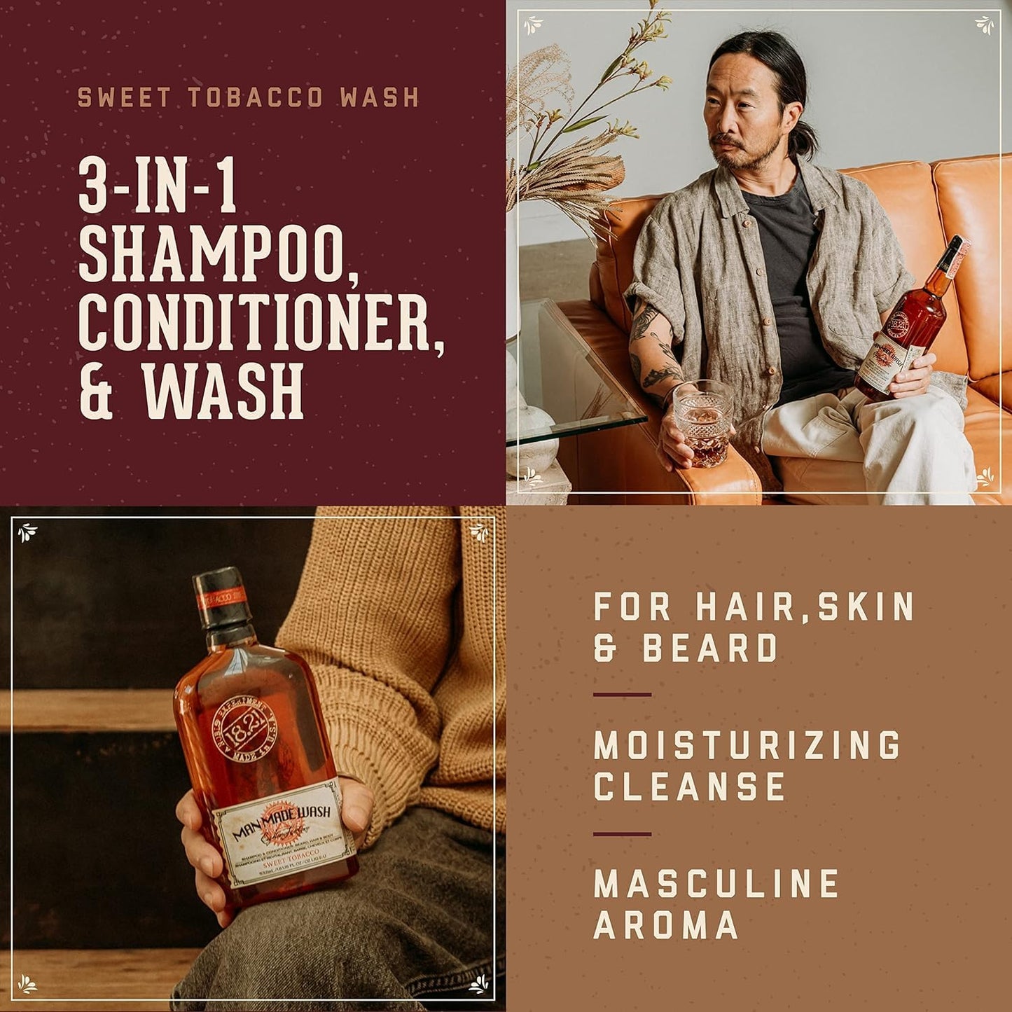 Sienna 18.21 Man Made Noble Oud Wash & Spiced Vanilla 3-in-1, 18 oz Wash 2-Set Bundle, All Hair & Skin Types for Men, Strengthens and Moisturizes in a Manly Aroma