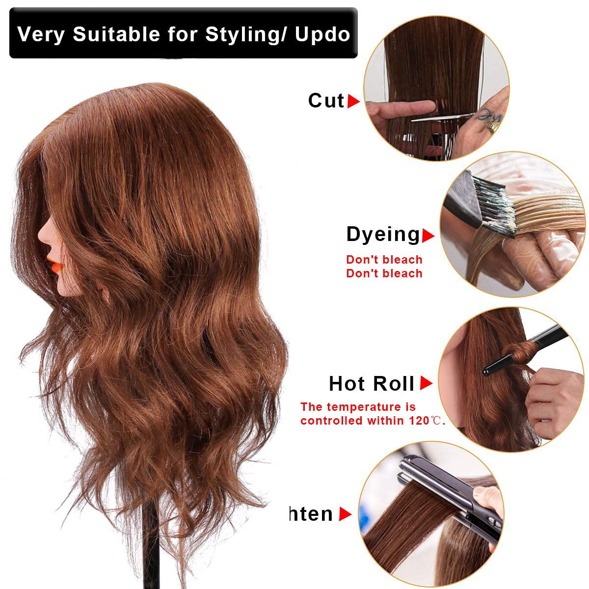 White Smoke Mannequin Head with 100% Human Hair, SZCY LLC 18" Dark Brown Real Hair Cosmetology Mannequin Head Hair Styling Hairdressing Practice Training Doll Heads with Clamp Holder