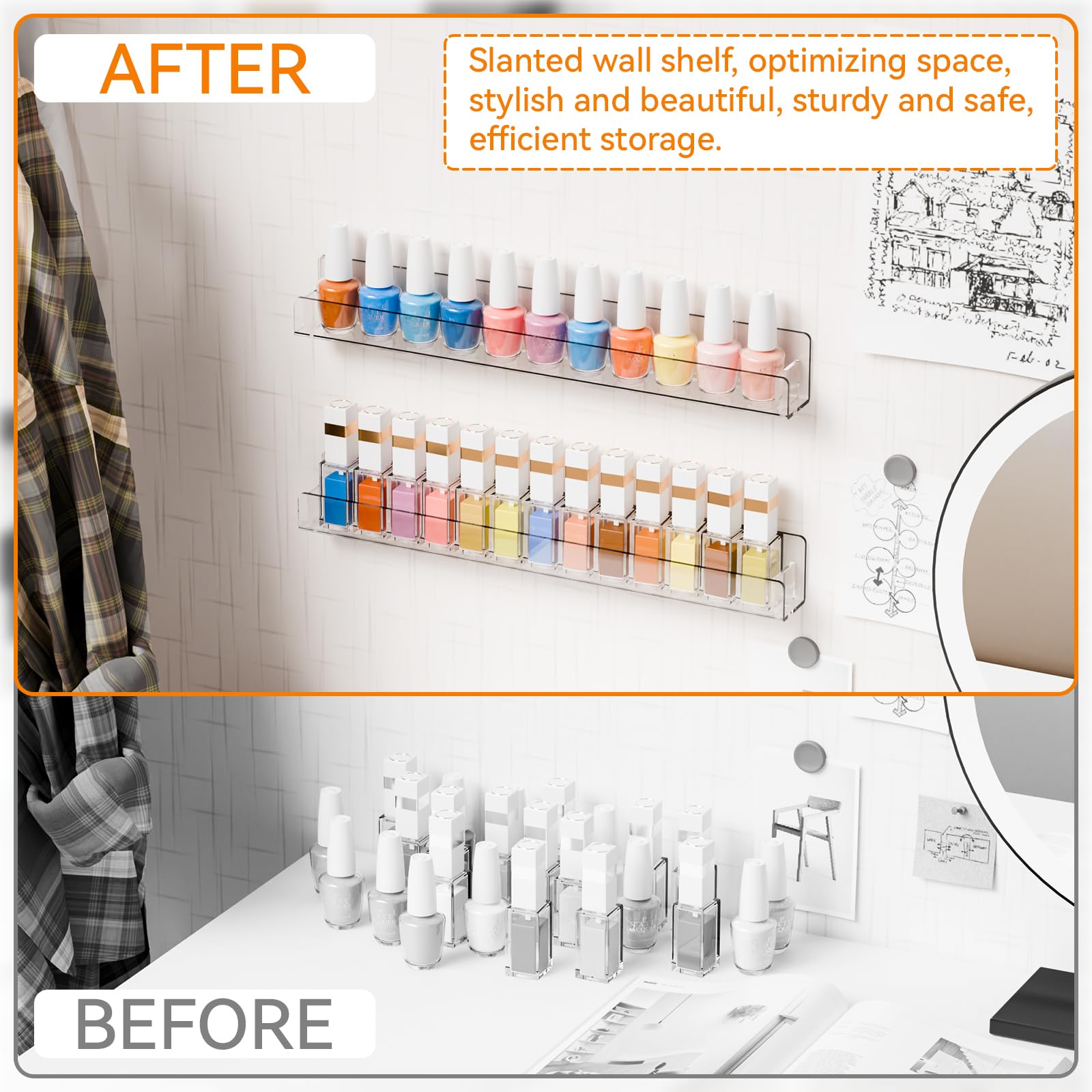 Lavender Cq acrylic Nail Polish Shelf for Wall,15 Inch 4 Pack Hanging Clear Nail Polish Wall Organizer Shelves for Nail Salon Wall Essential Oil Shelf,Gel Fingernail Polish Holder and Tattoo Studio Decor Paint